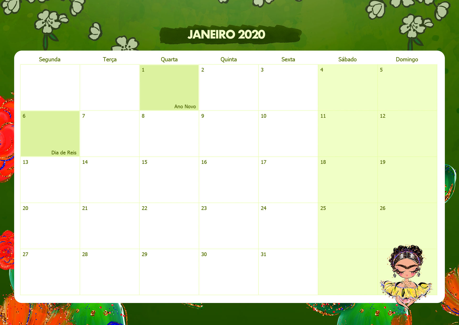 Calendario Mensal Frida Kahlo Janeiro 2020