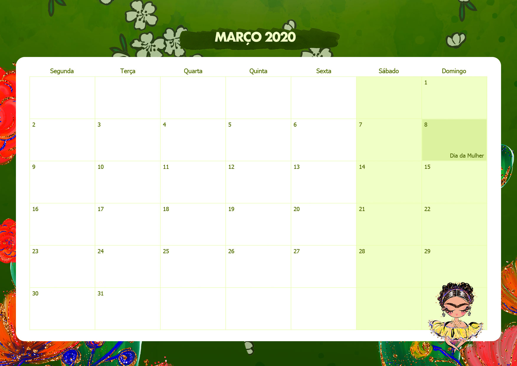 Calendario Mensal Frida Kahlo Marco 2020