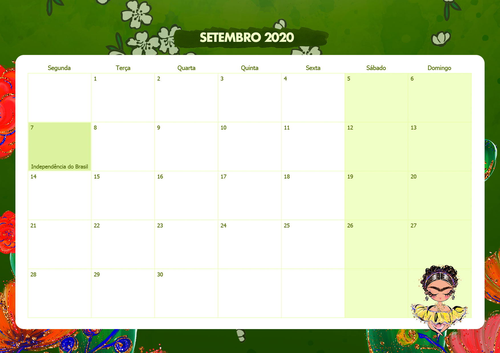 Calendario Mensal Frida Kahlo Setembro 2020