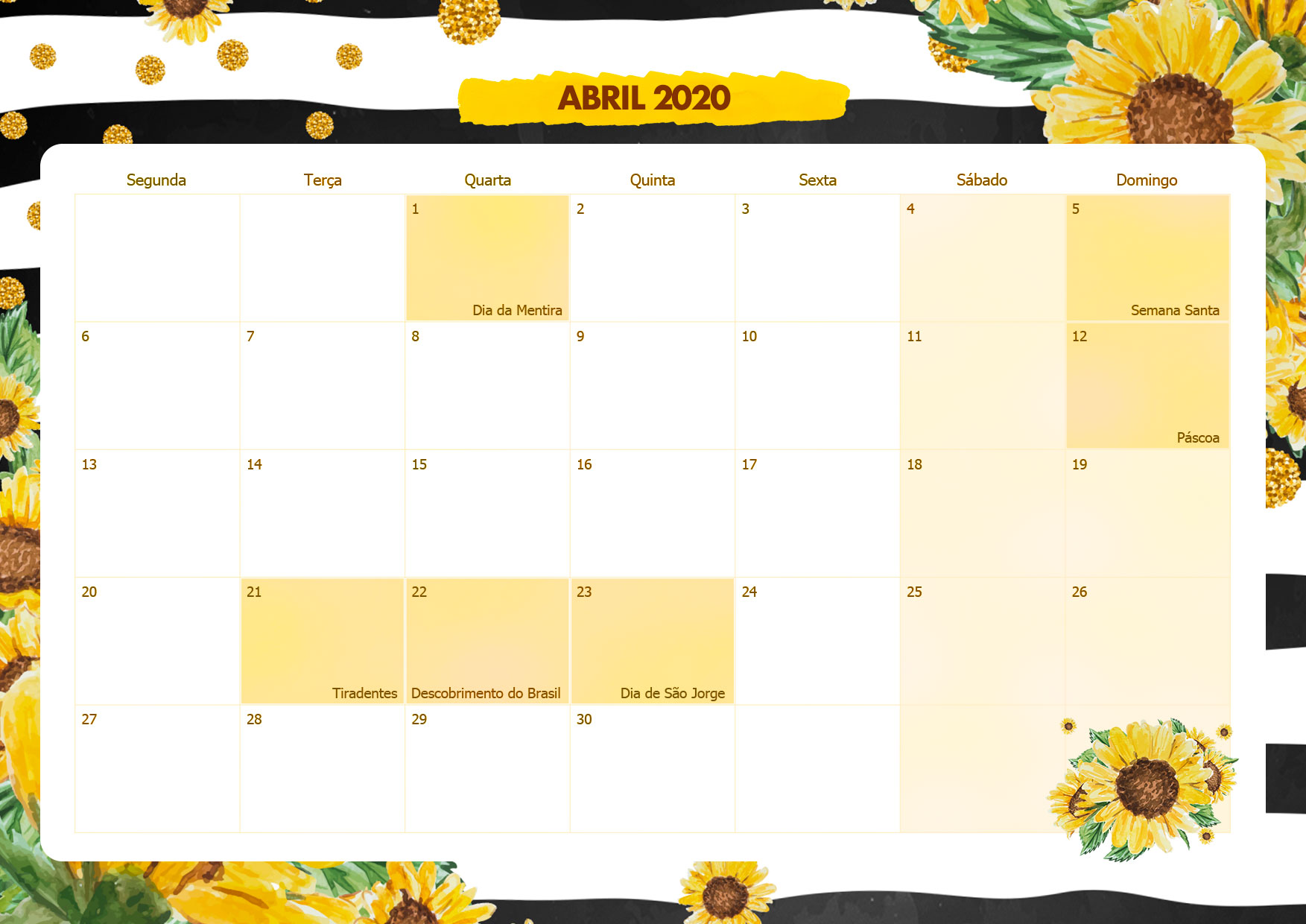 Calendario Mensal Girassol Abril 2020