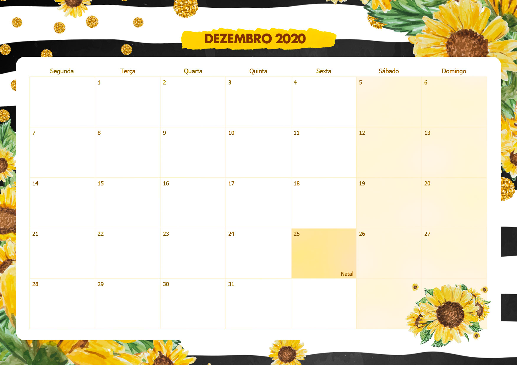 Calendario Mensal Girassol Dezembro 2020
