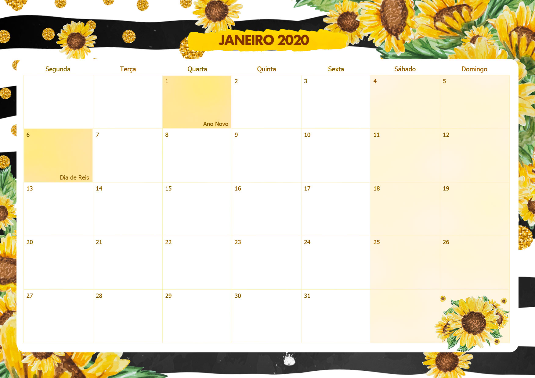 Calendario Mensal Girassol Janeiro 2020