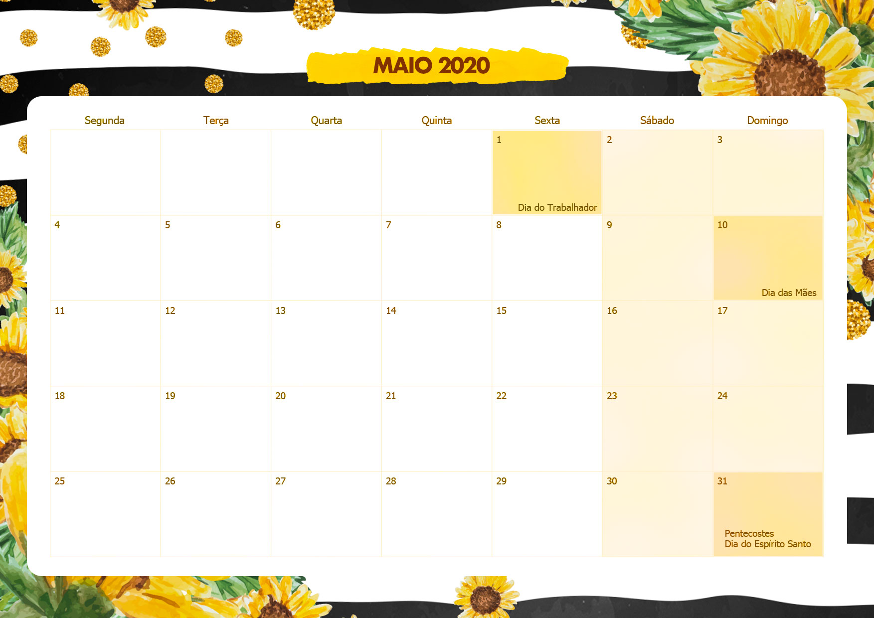 Calendario Mensal Girassol Maio 2020