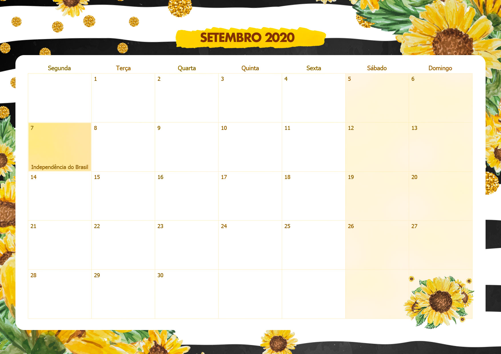 Calendario Mensal Girassol Setembro 2020