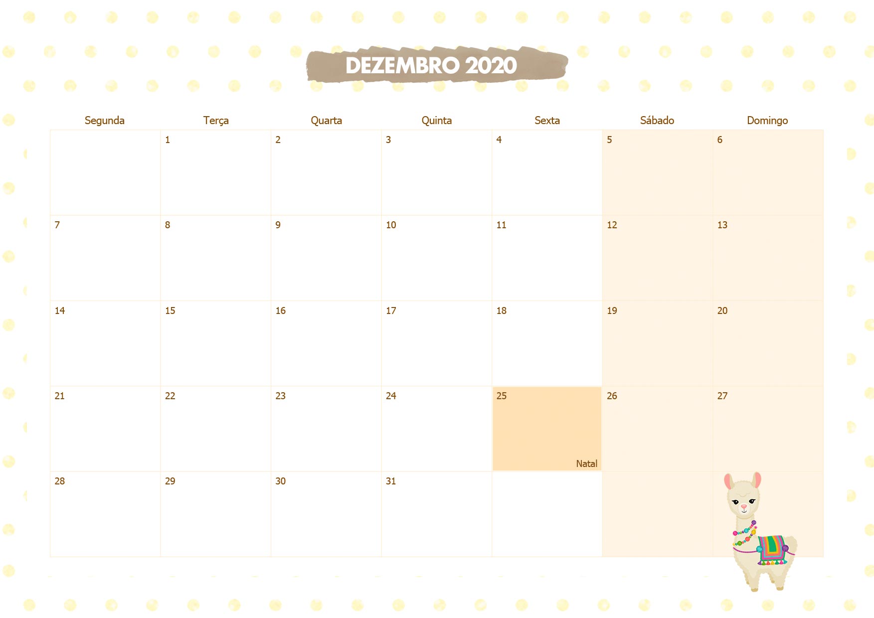 Calendario Mensal Lhama Amarela Dezembro 2020