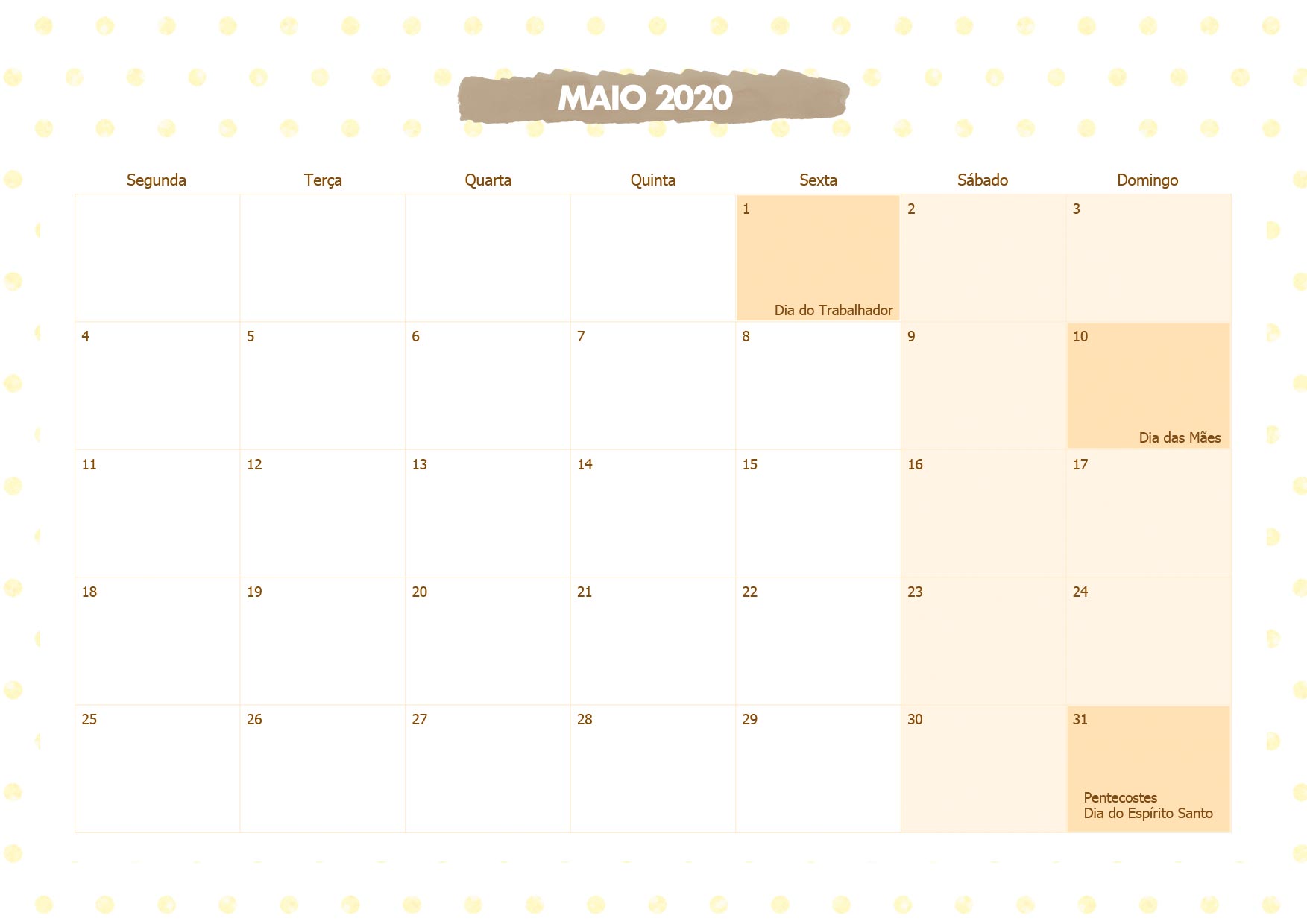Calendario Mensal Lhama Amarela Maio 2020