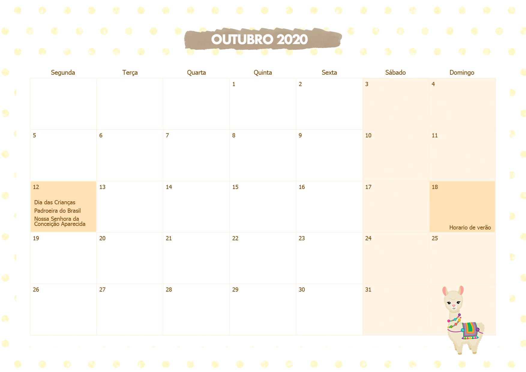 Calendario Mensal Lhama Amarela Outubro 2020
