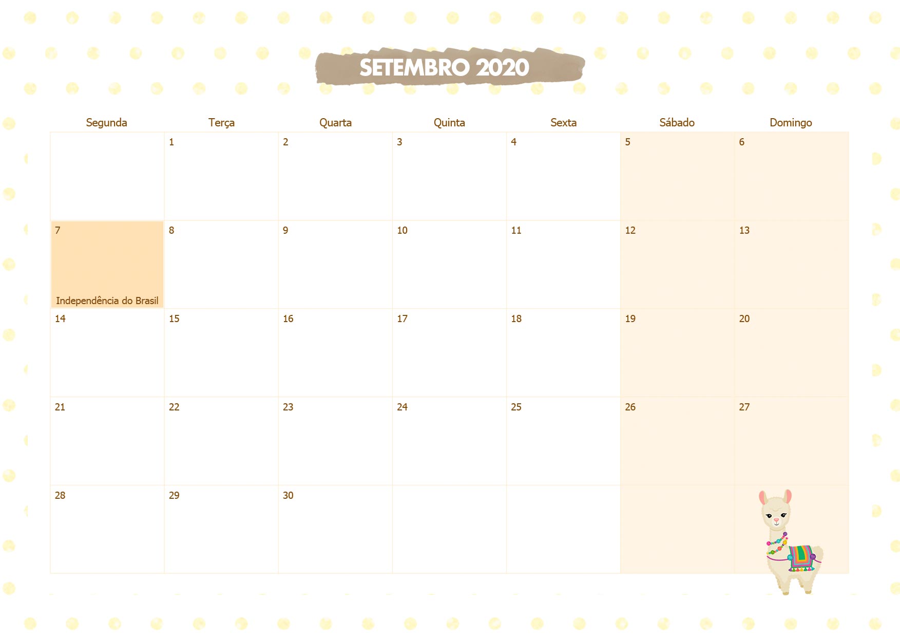 Calendario Mensal Lhama Amarela Setembro 2020