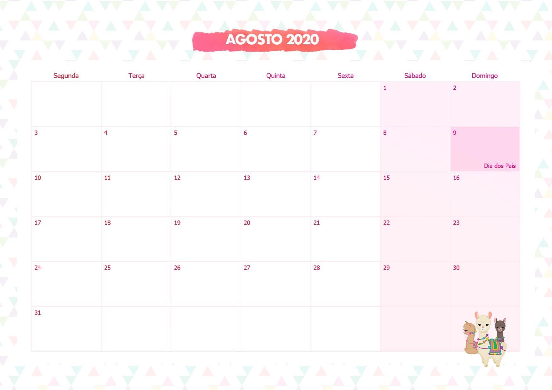 Calendario Mensal Lhama Rosa Agosto 2020