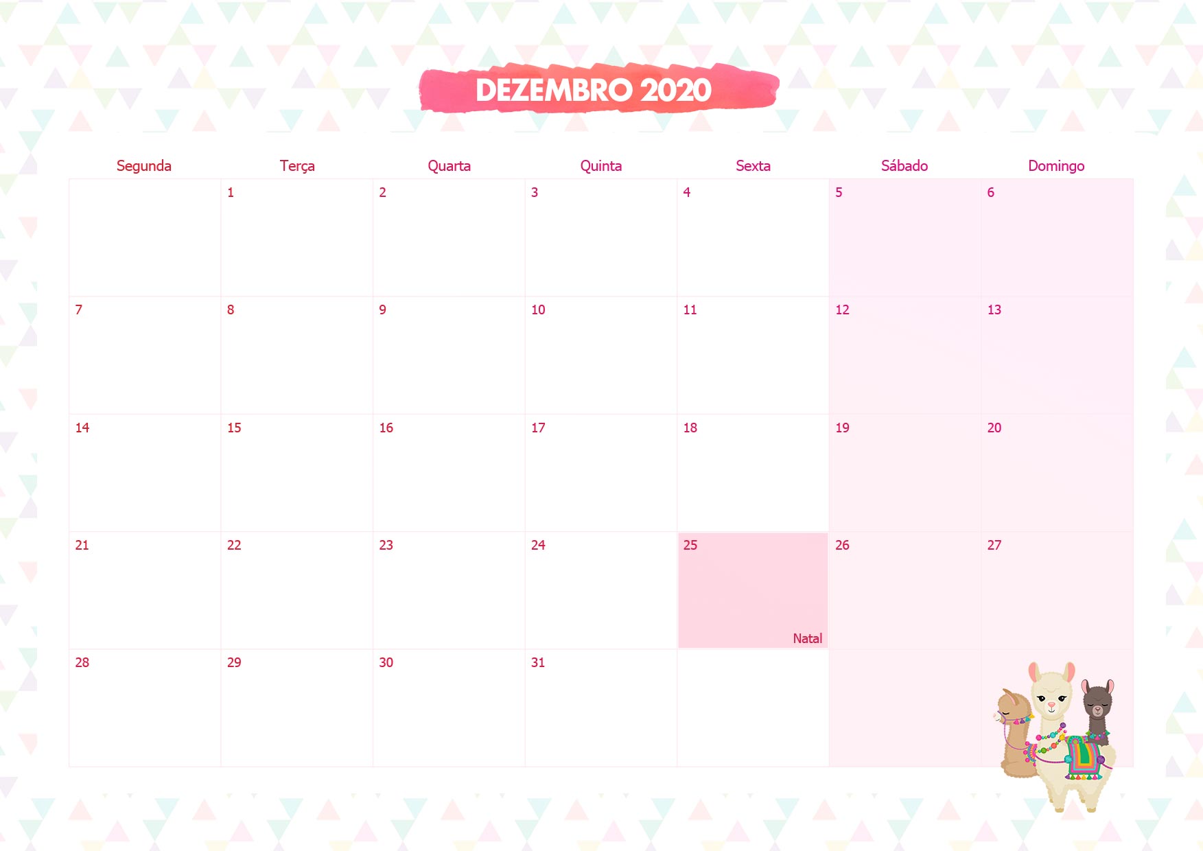 Calendario Mensal Lhama Rosa Dezembro 2020