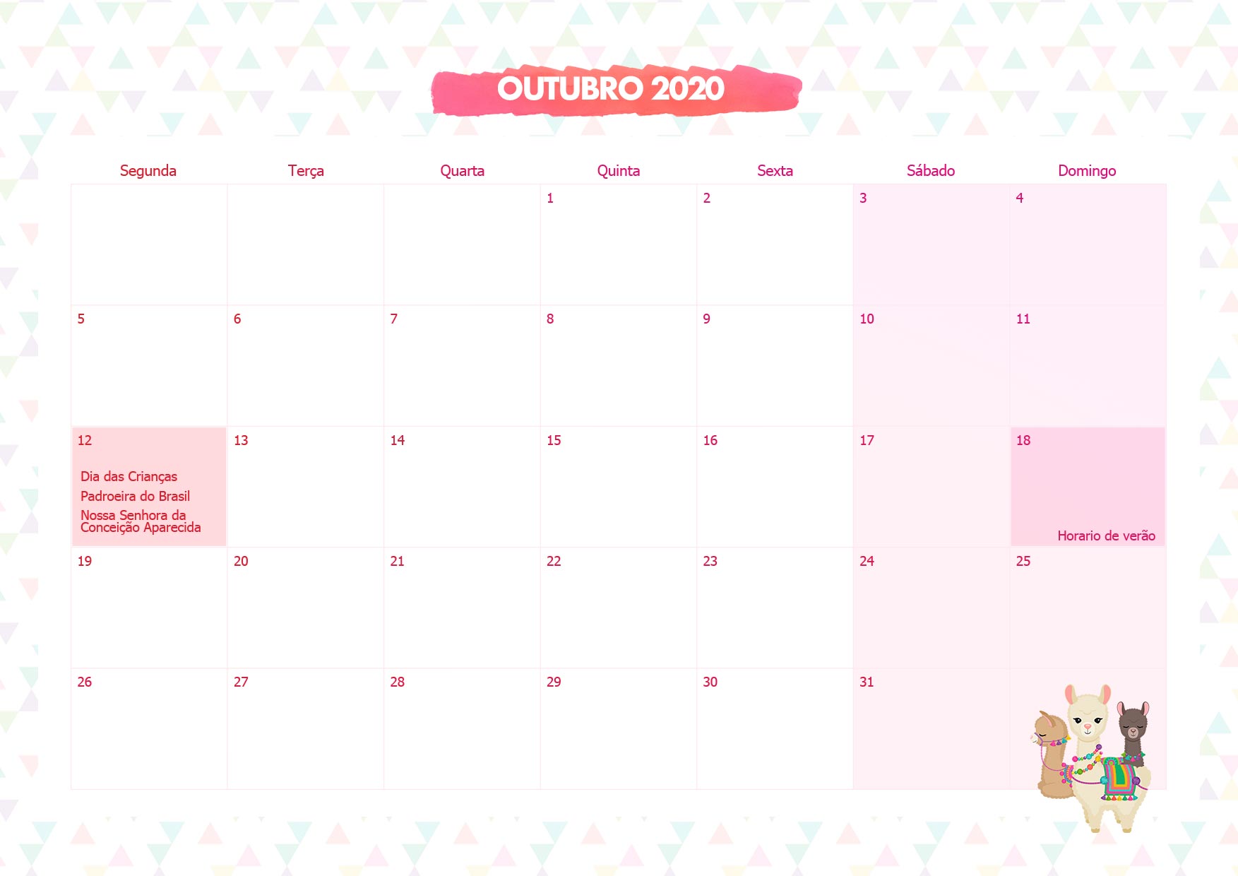 Calendario Mensal Lhama Rosa Outubro 2020