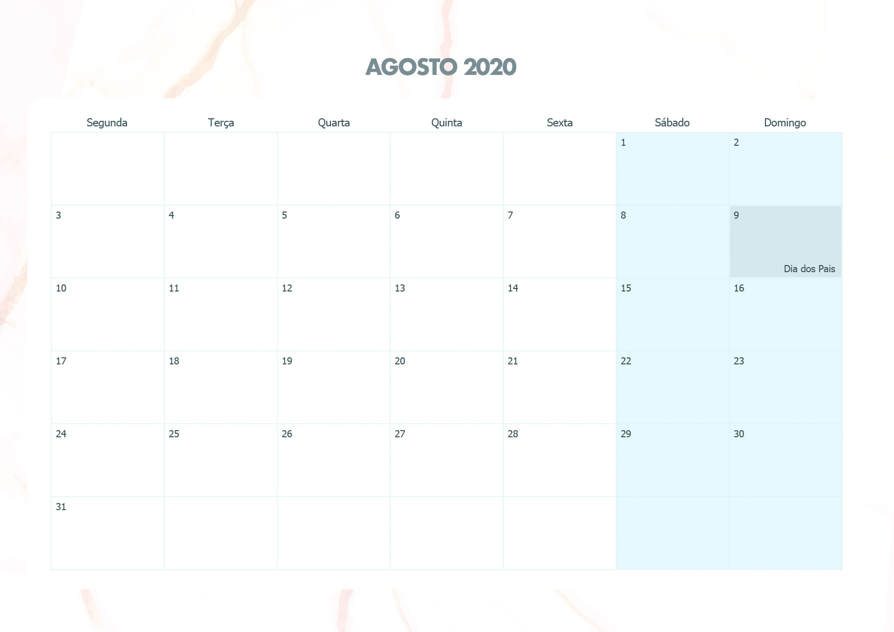 Calendario Mensal Marmore Agosto 2020