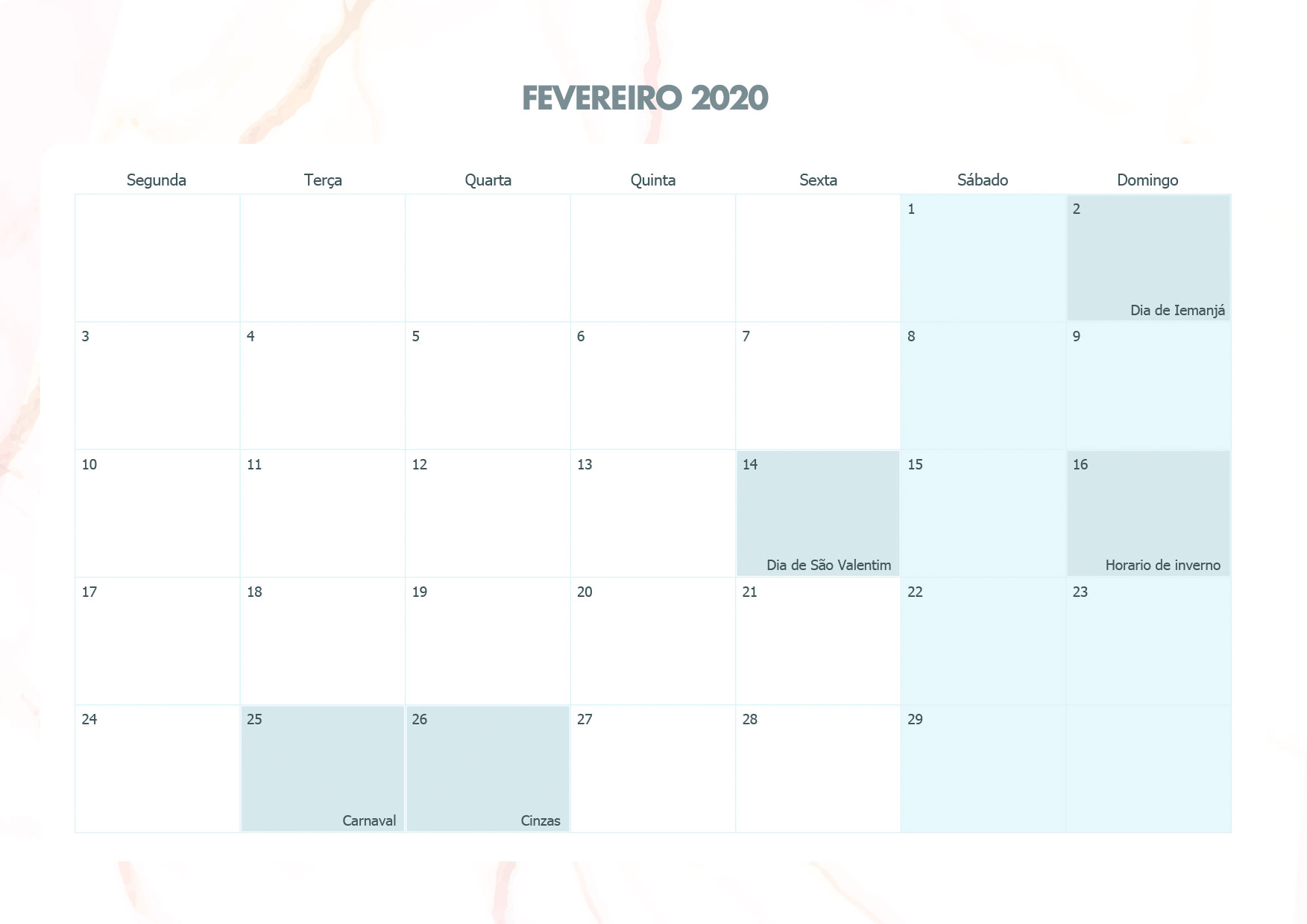 Calendario Mensal Marmore Fevereiro 2020