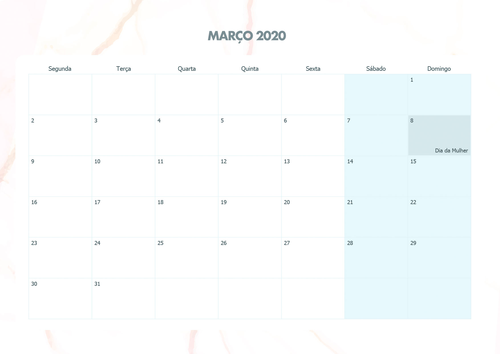 Calendario Mensal Marmore Marco 2020
