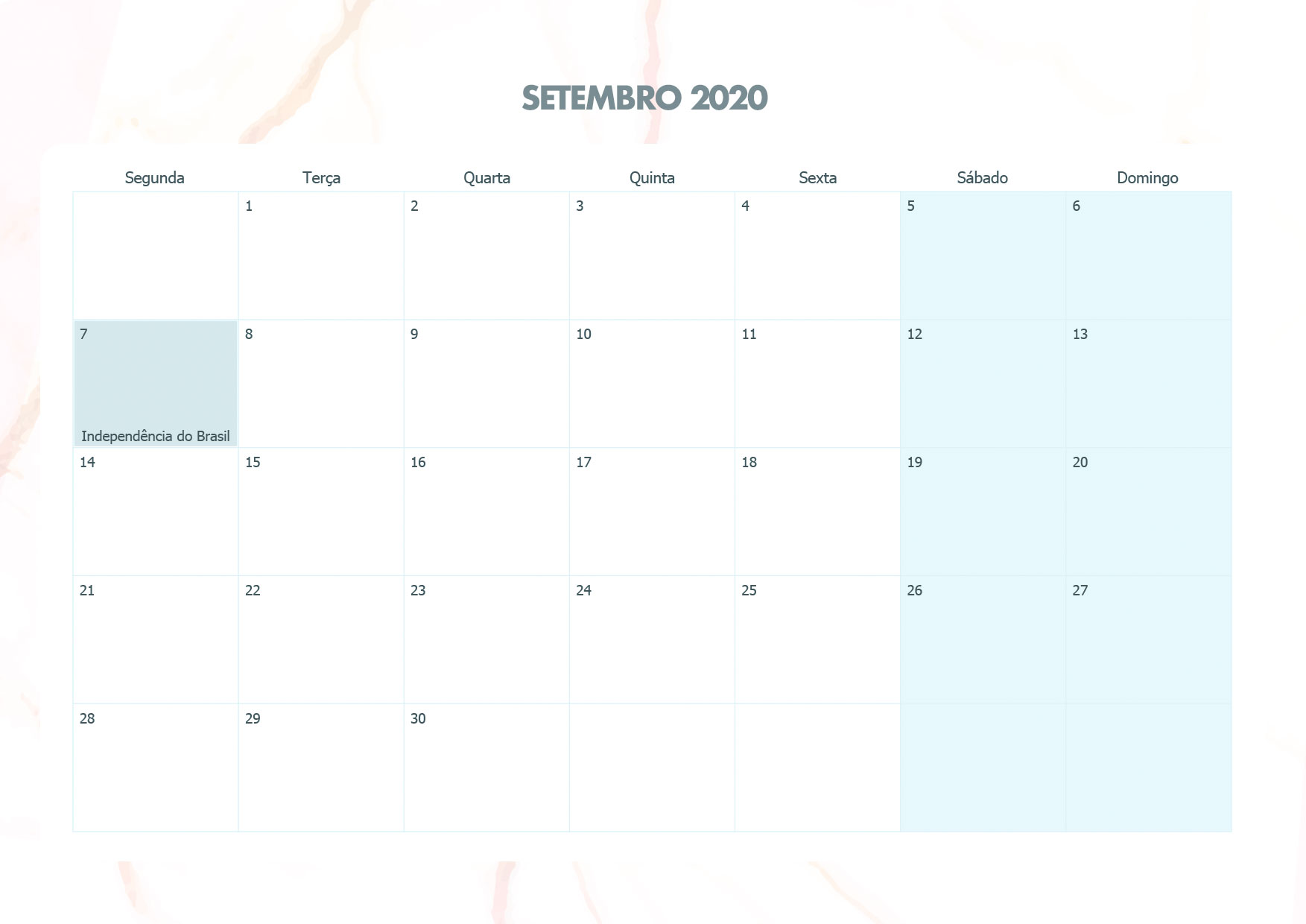 Calendario Mensal Marmore Setembro 2020