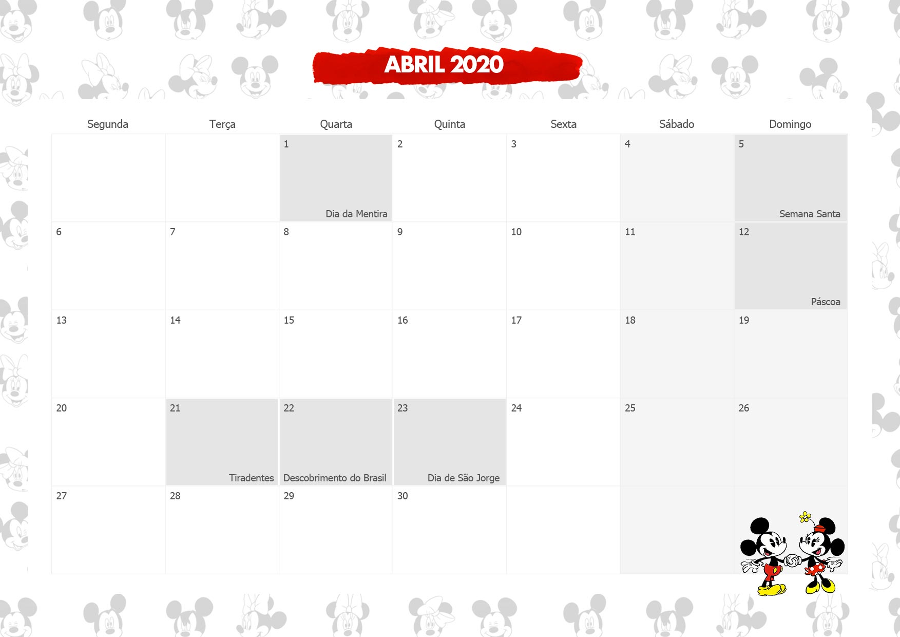 Calendario Mensal Mickey e Minnie Abril 2020