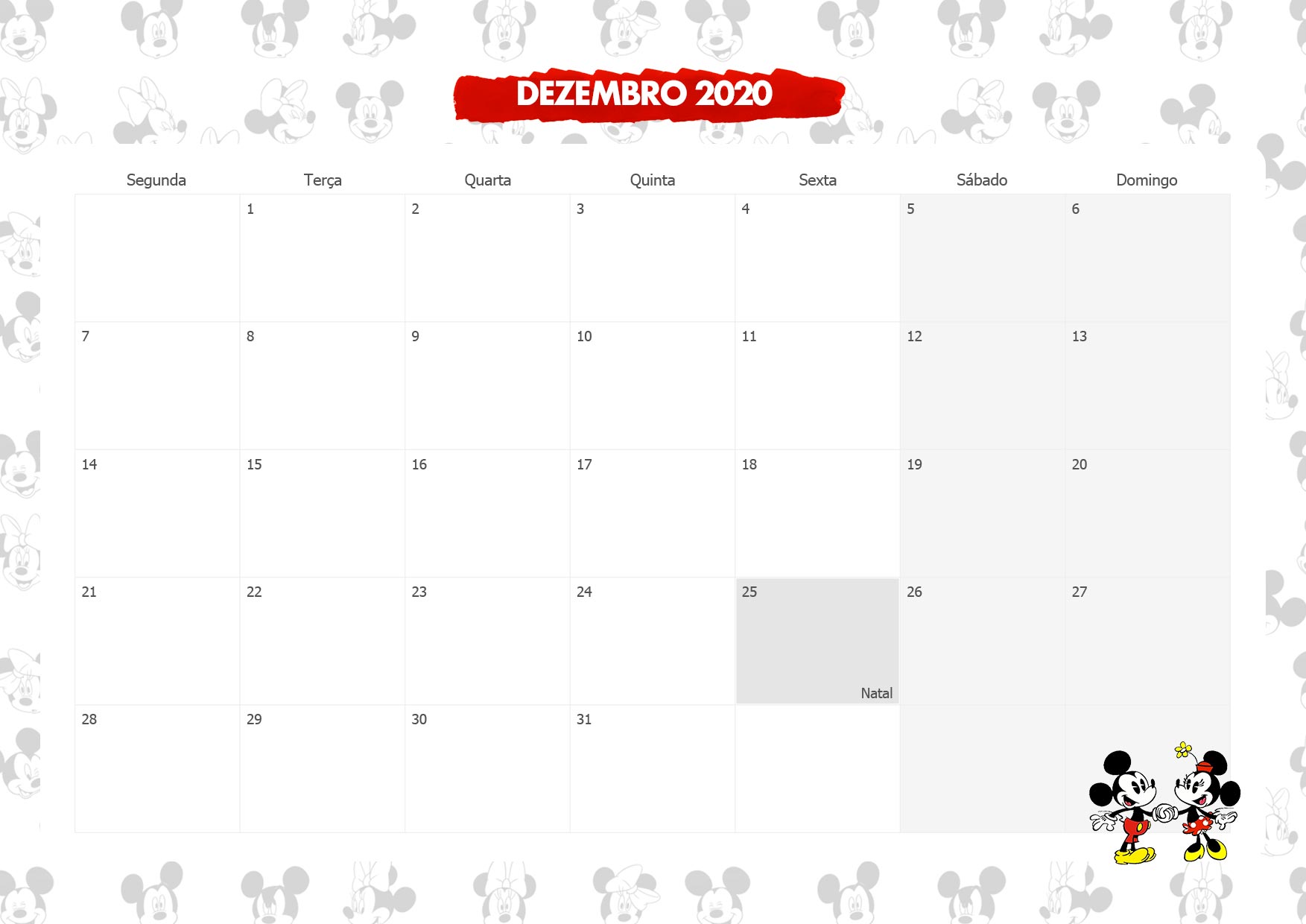 Calendario Mensal Mickey e Minnie Dezembro 2020