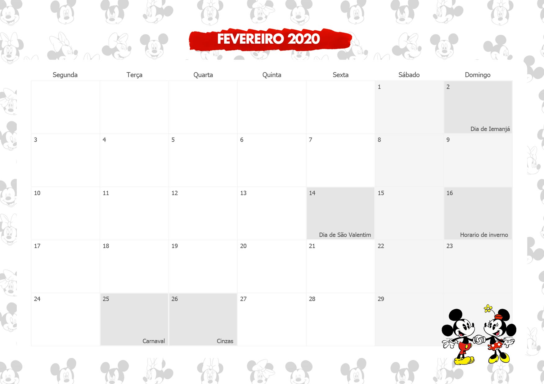 Calendario Mensal Mickey e Minnie Fevereiro 2020