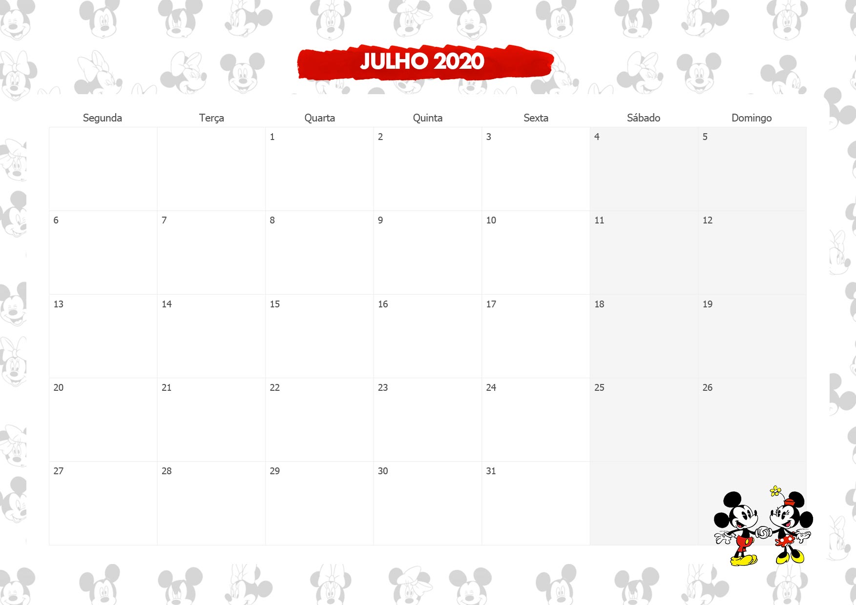 Calendario Mensal Mickey e Minnie Julho 2020