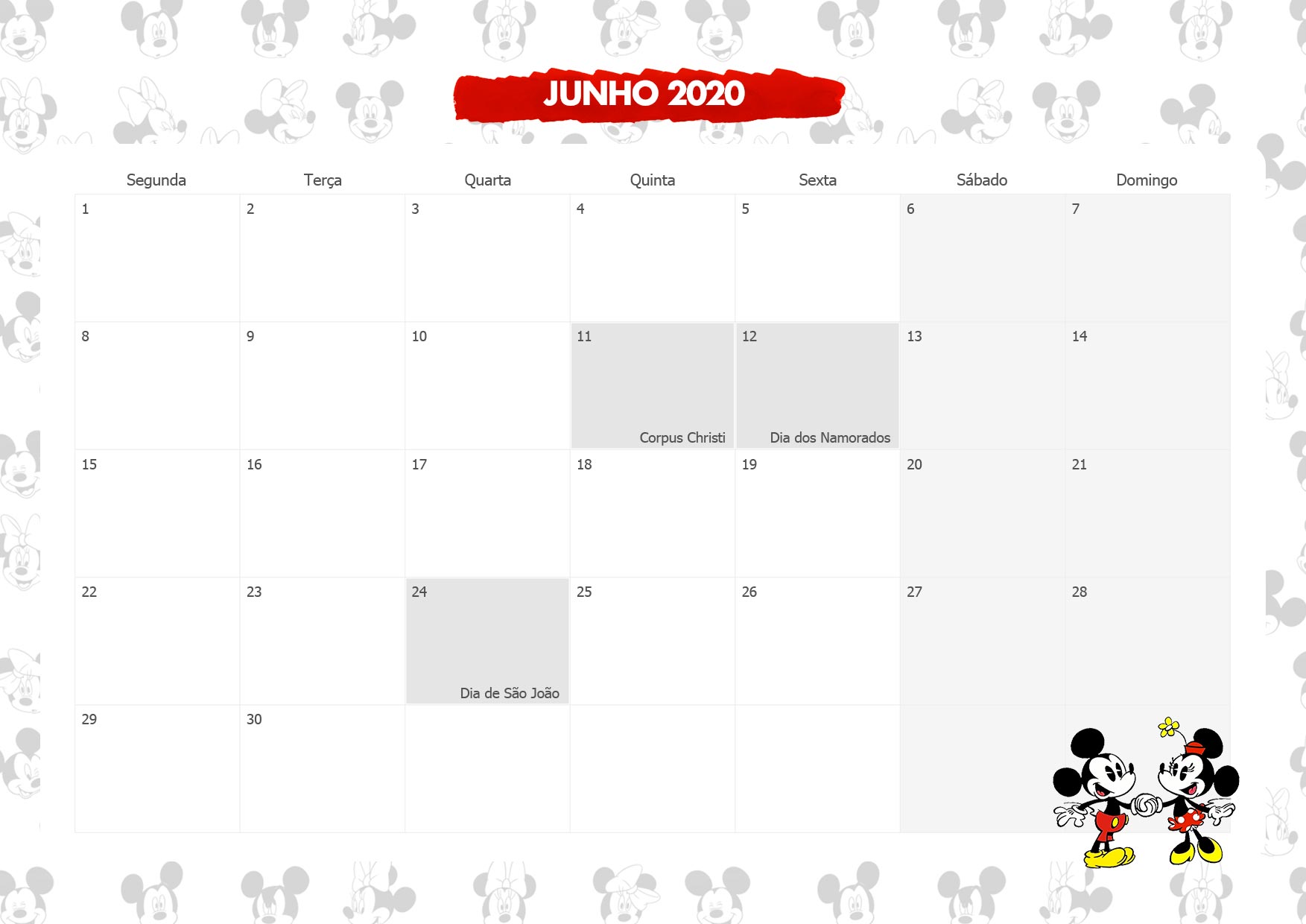 Calendario Mensal Mickey e Minnie Junho 2020