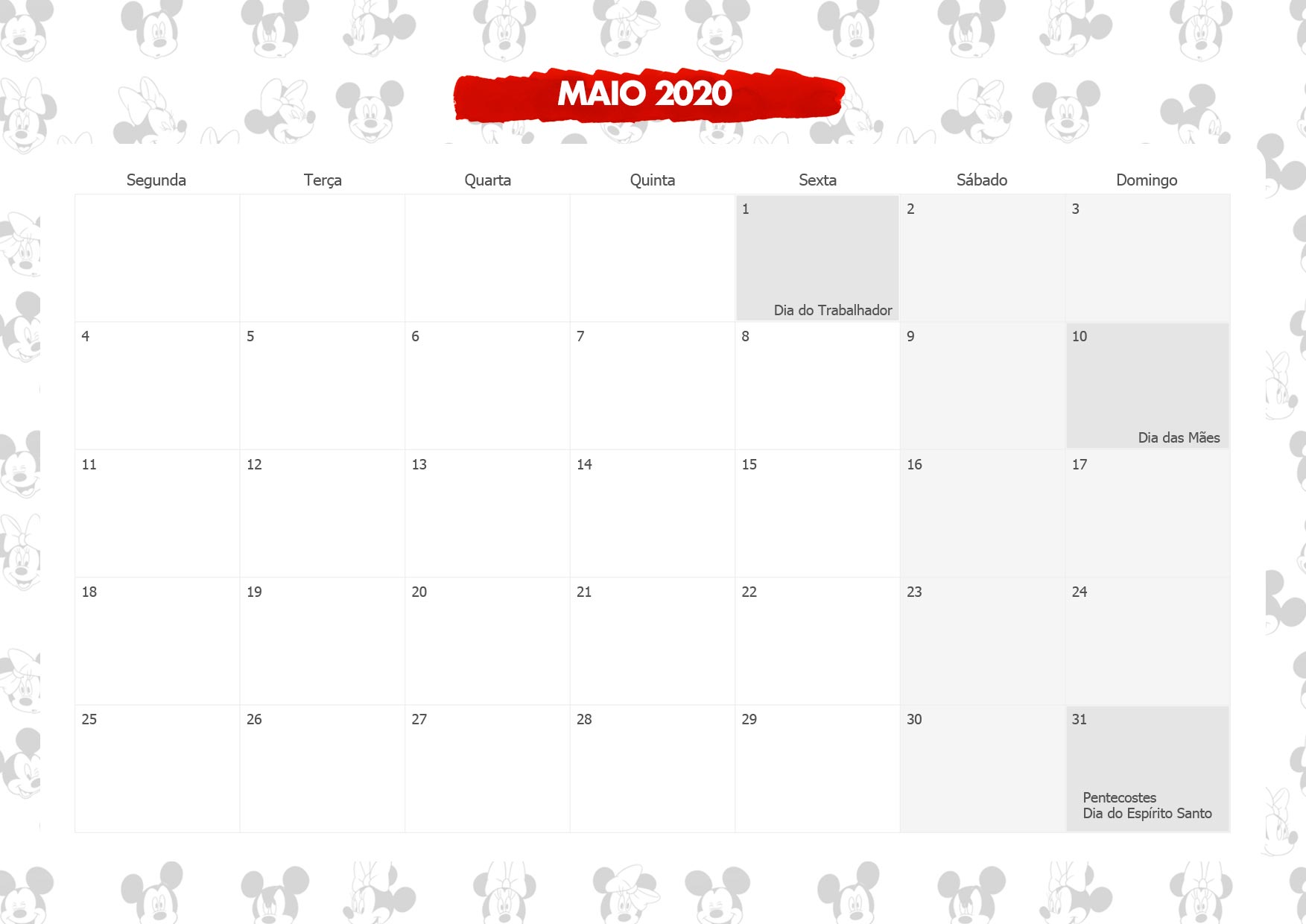 Calendario Mensal Mickey e Minnie Maio 2020