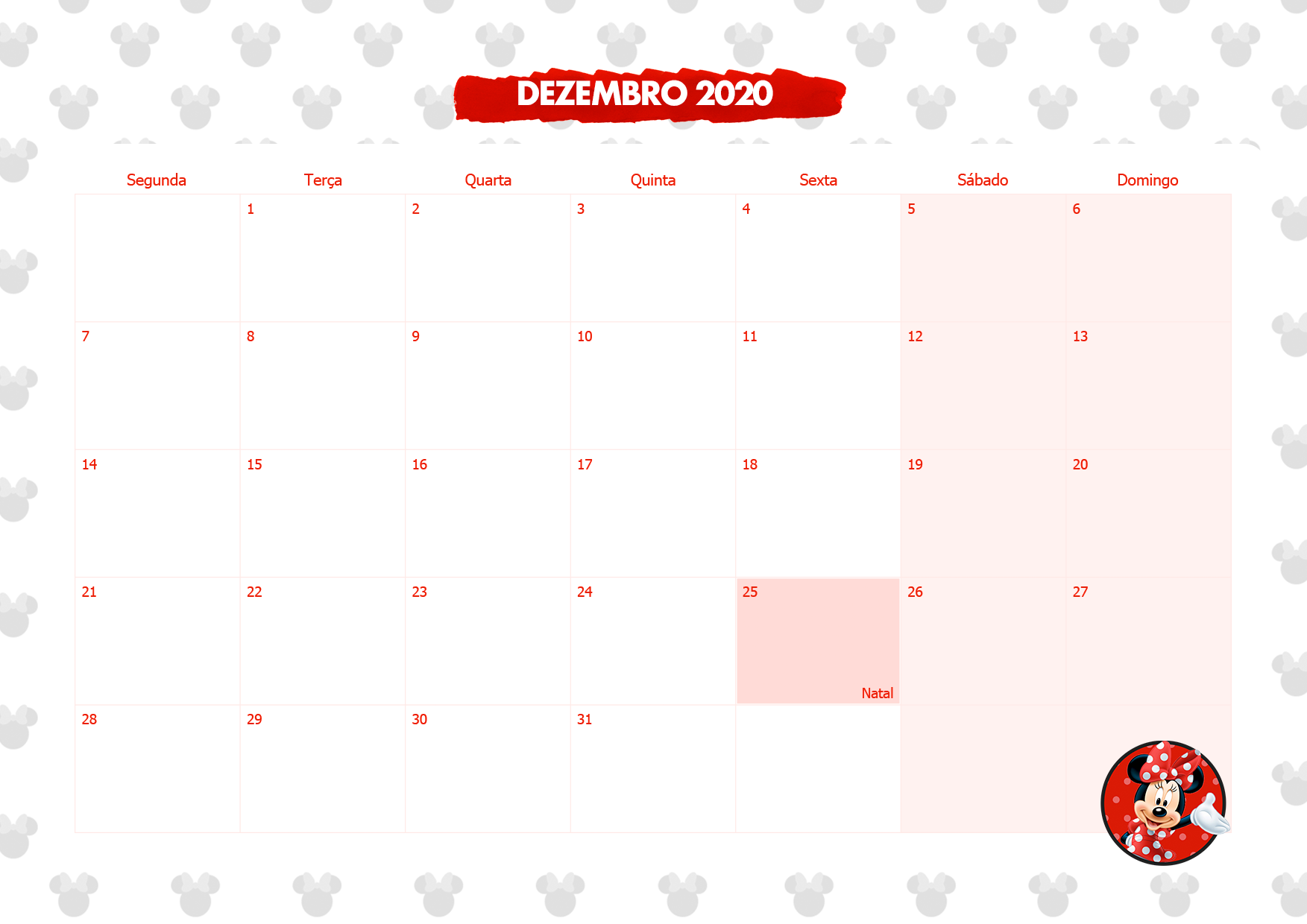 Calendario Mensal Minnie Vermelha Dezembro 2020