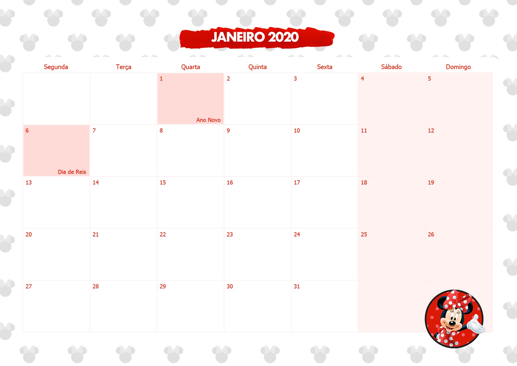 Calendario Mensal Minnie Vermelha Janeiro 2020