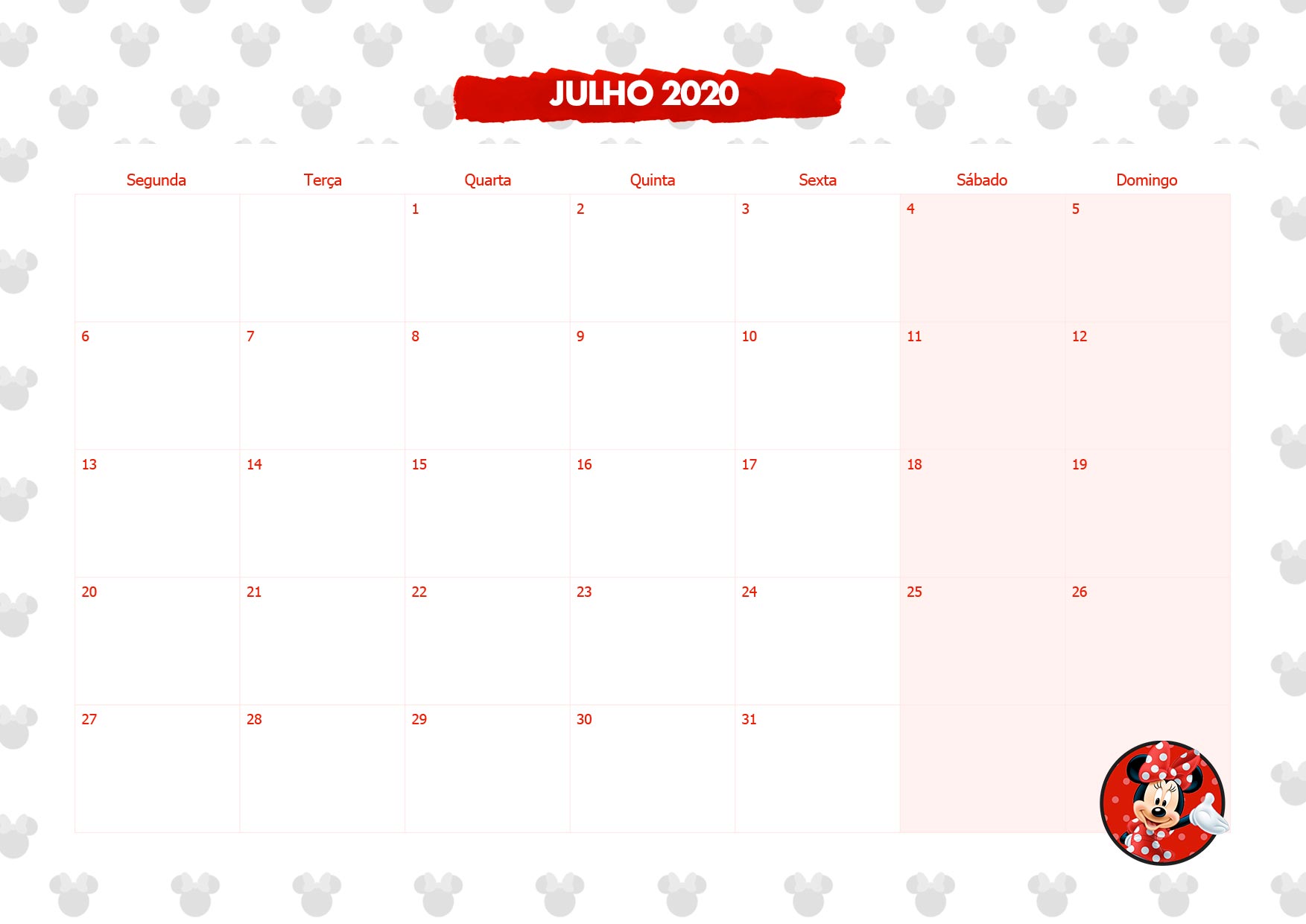 Calendario Mensal Minnie Vermelha Julho 2020
