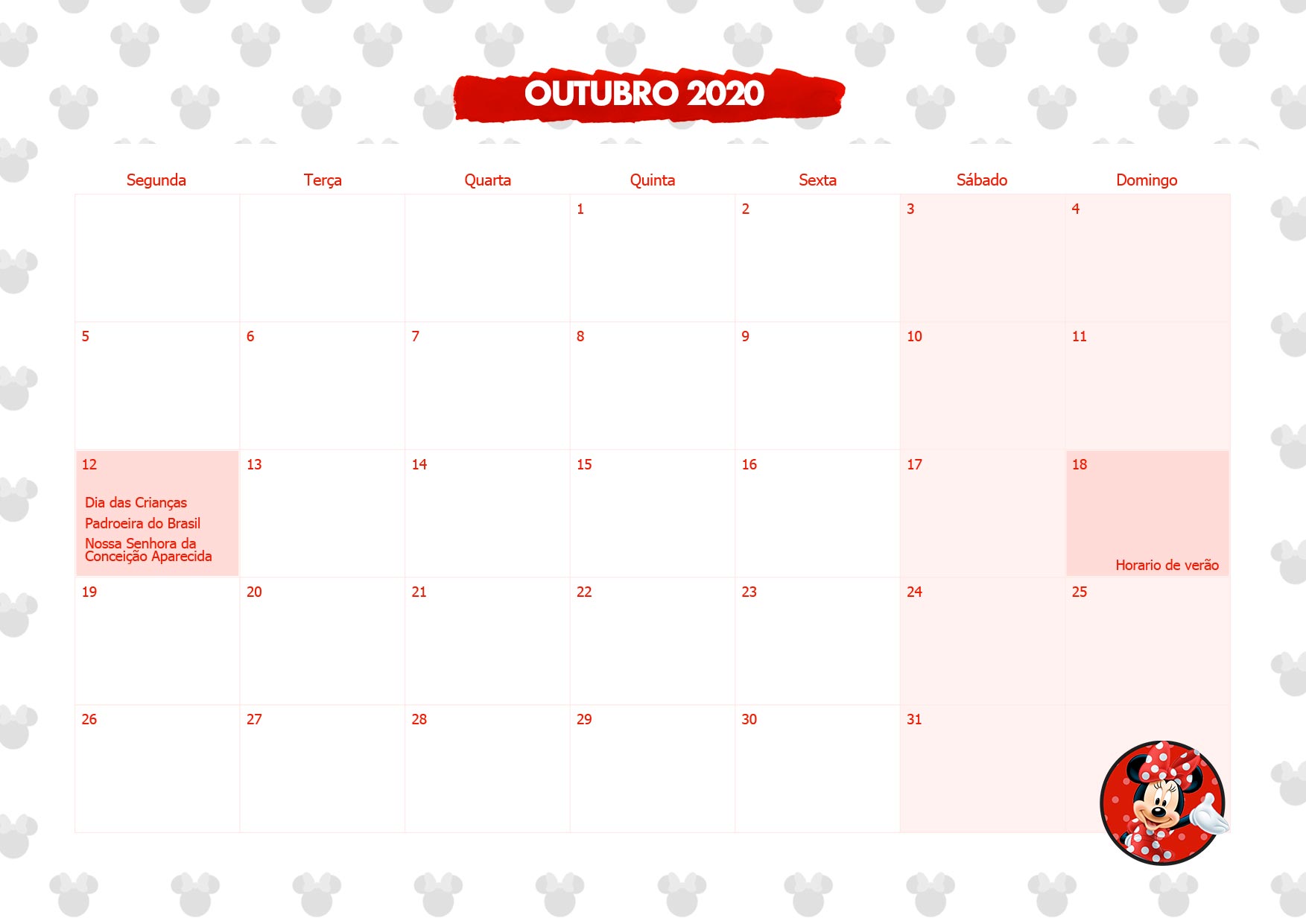 Calendario Mensal Minnie Vermelha Outubro 2020