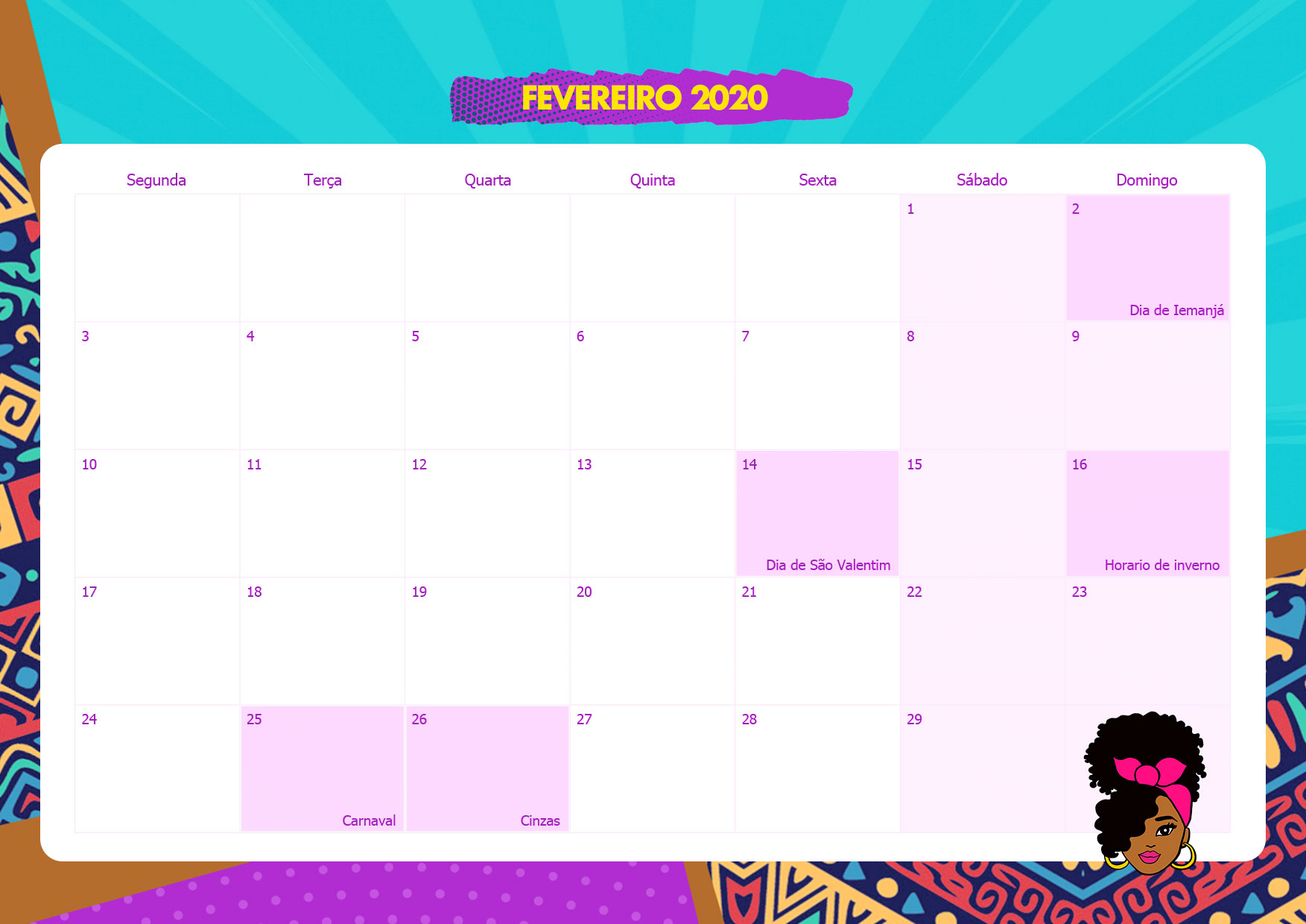 Calendario Mensal Mulher Afro Fevereiro 2020