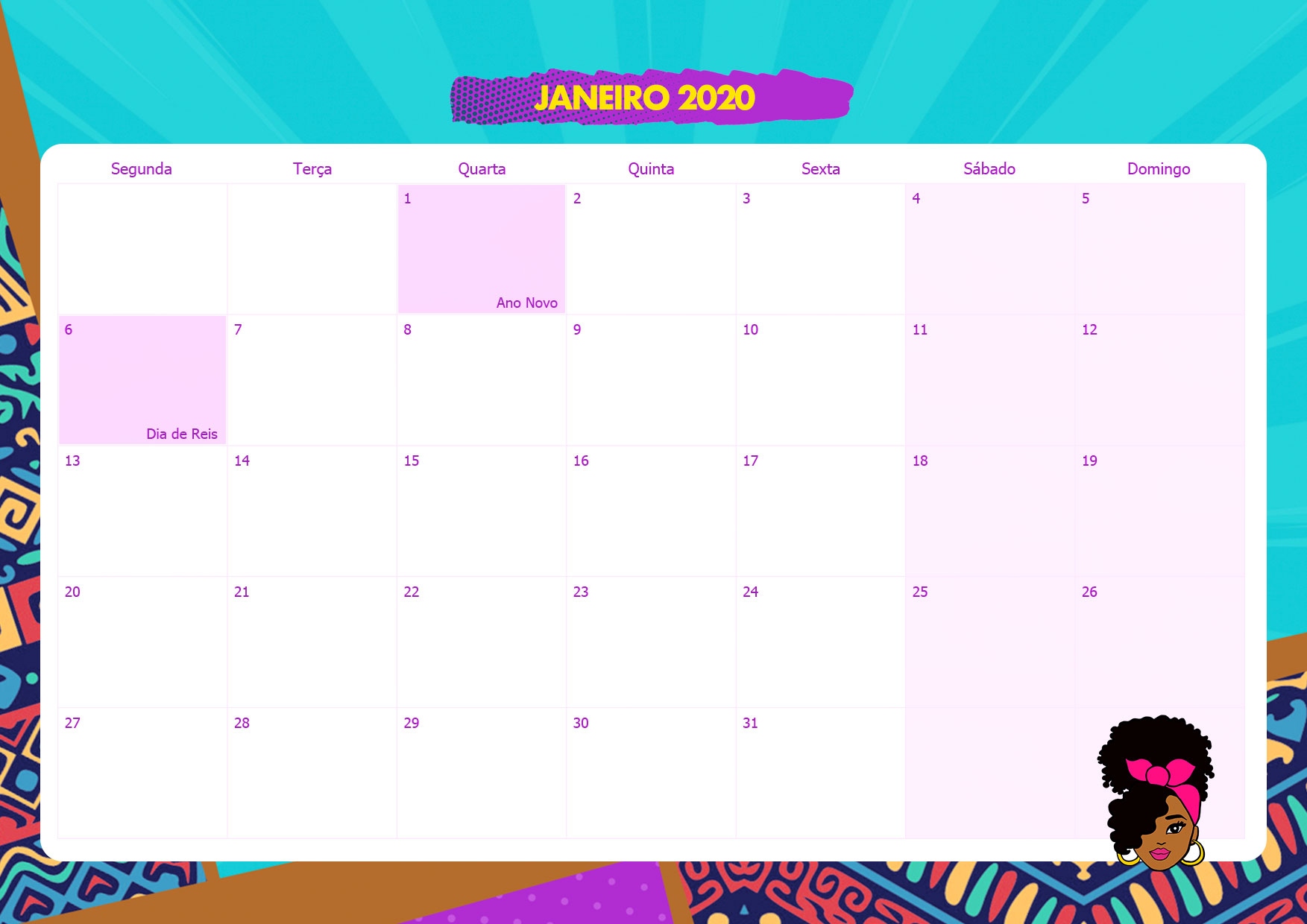 Calendario Mensal Mulher Afro Janeiro 2020