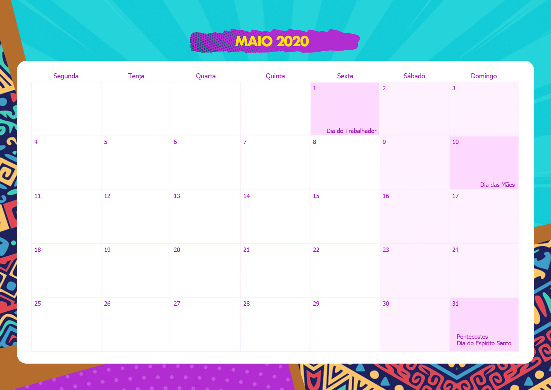 Calendario Mensal Mulher Afro Maio 2020