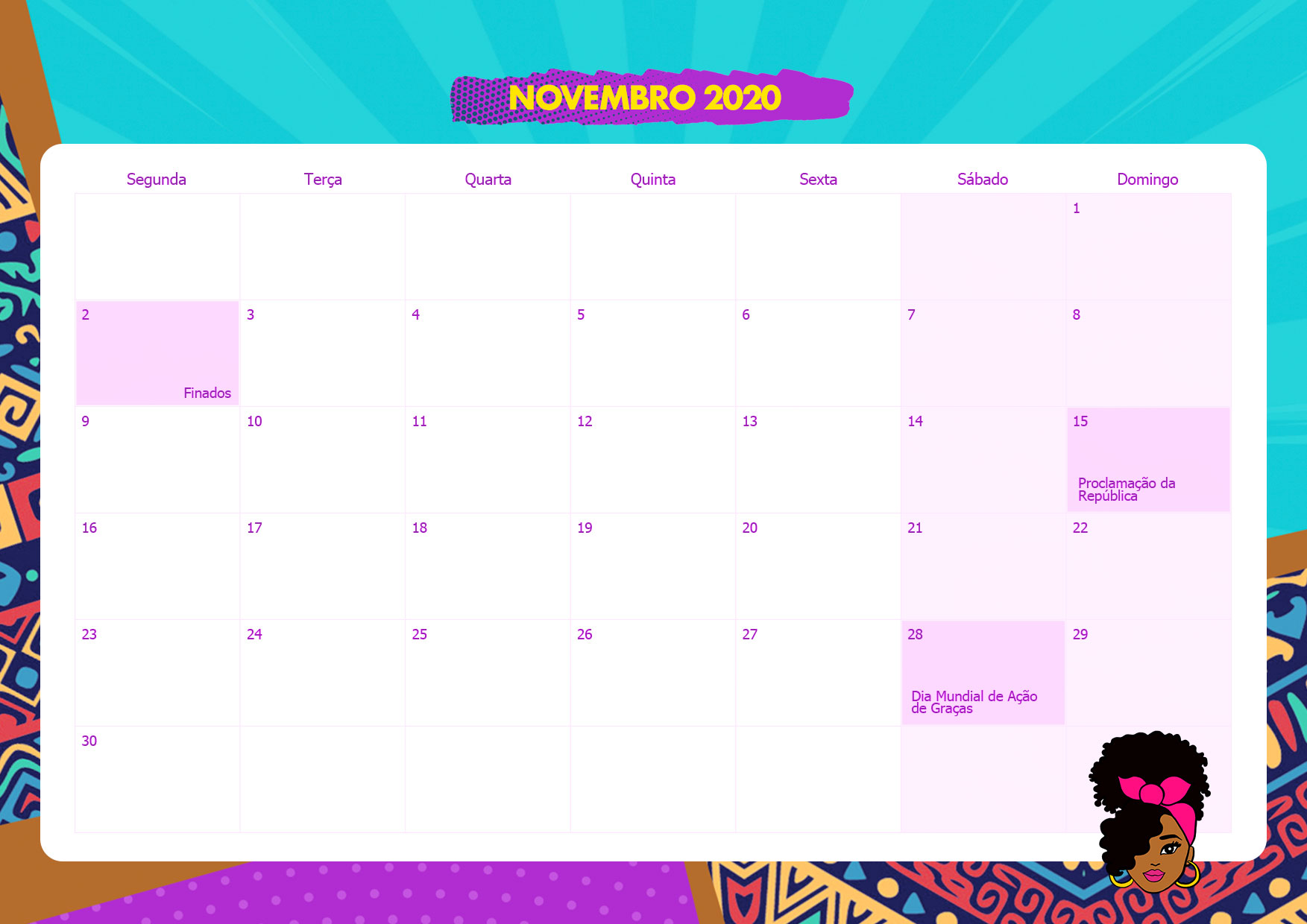 Calendario Mensal Mulher Afro Novembro 2020