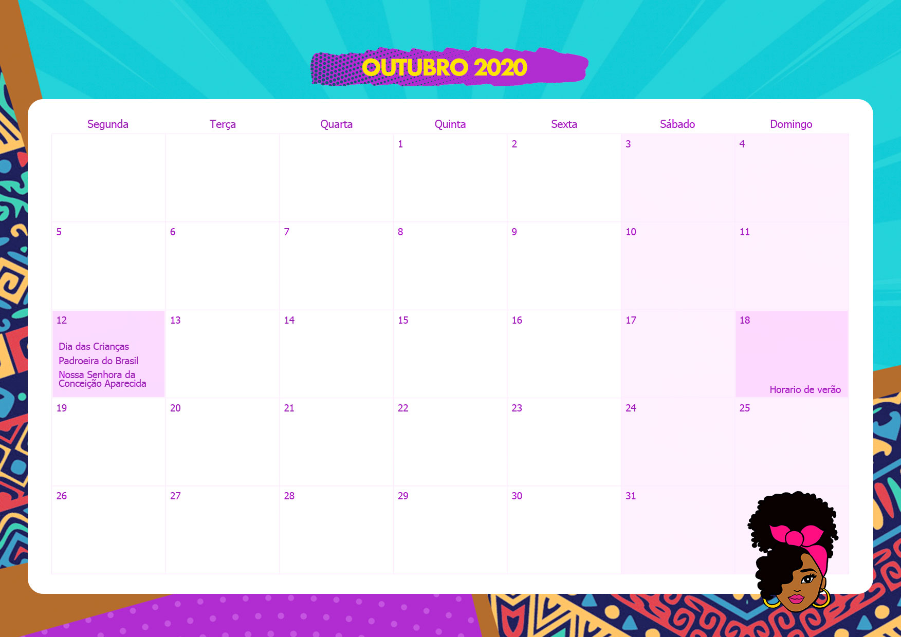 Calendario Mensal Mulher Afro Outubro 2020