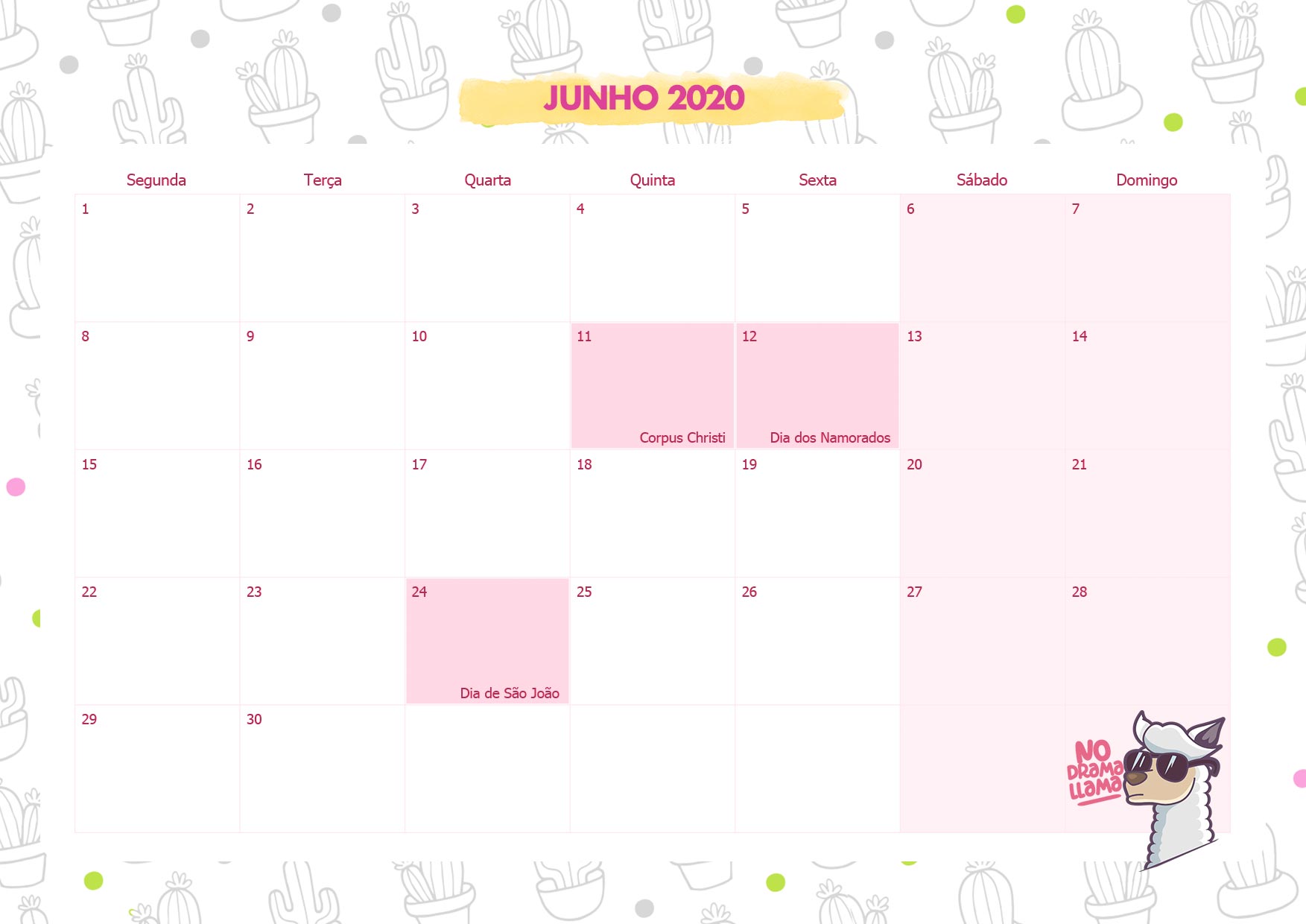 Calendario Mensal No Drama Lhama Junho 2020
