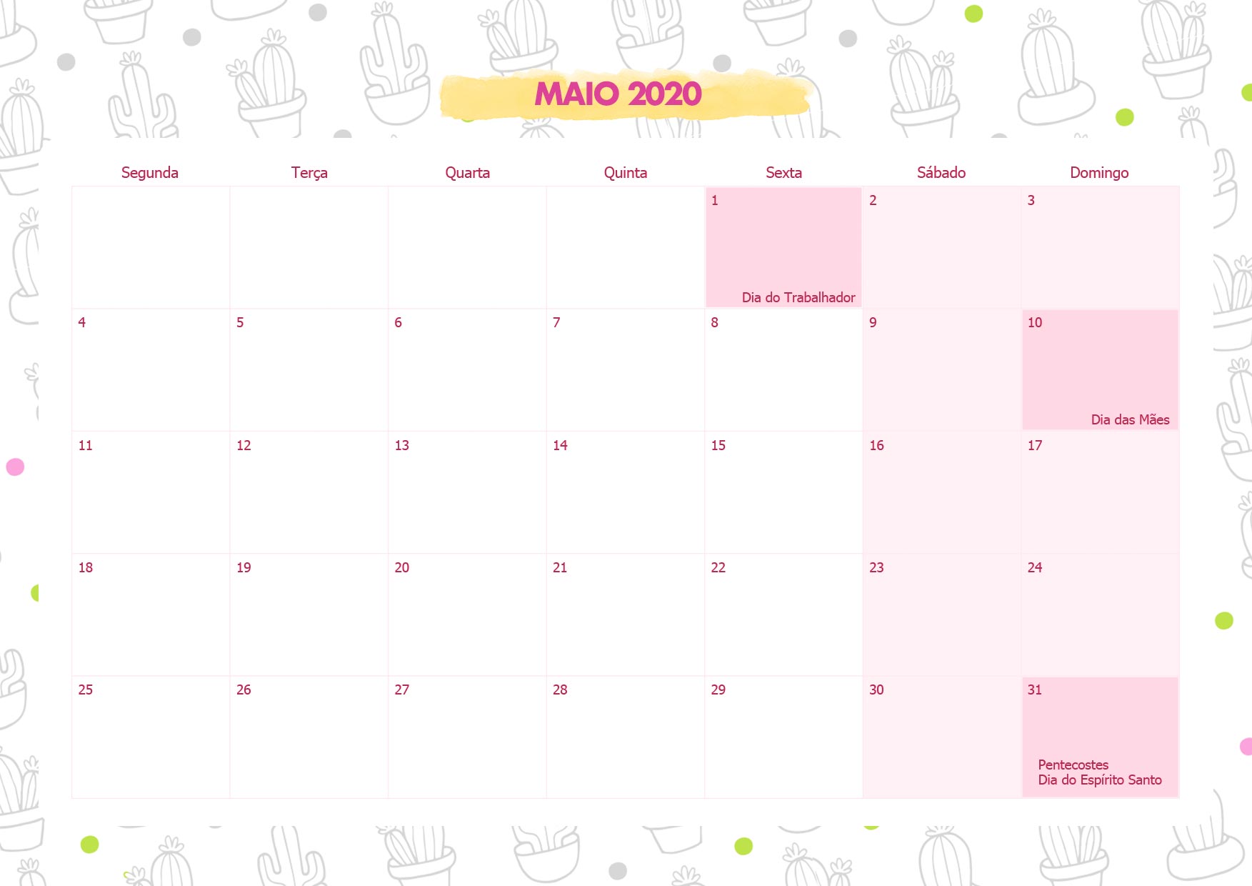 Calendario Mensal No Drama Lhama Maio 2020