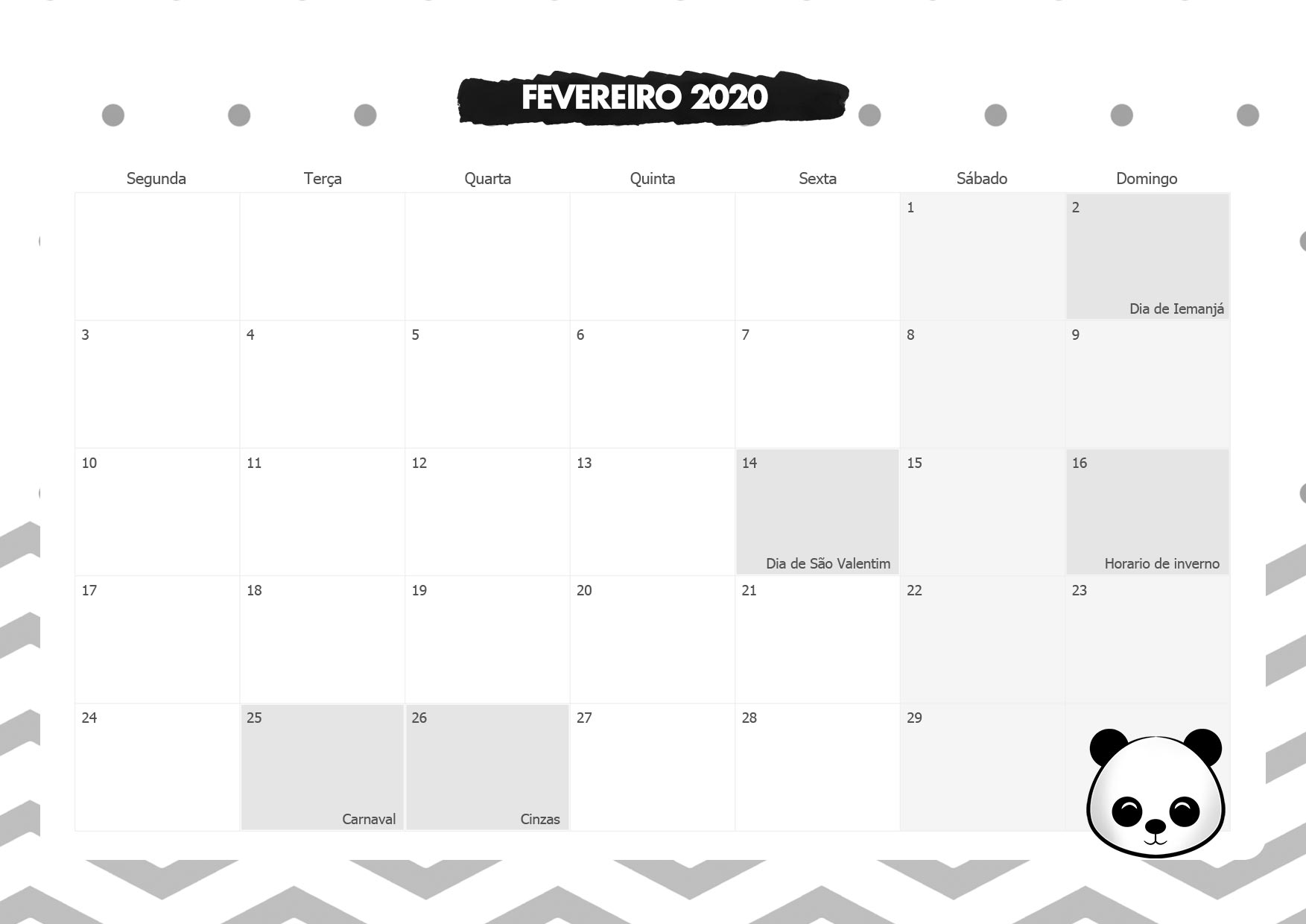 Calendario Mensal Panda Fevereiro 2020
