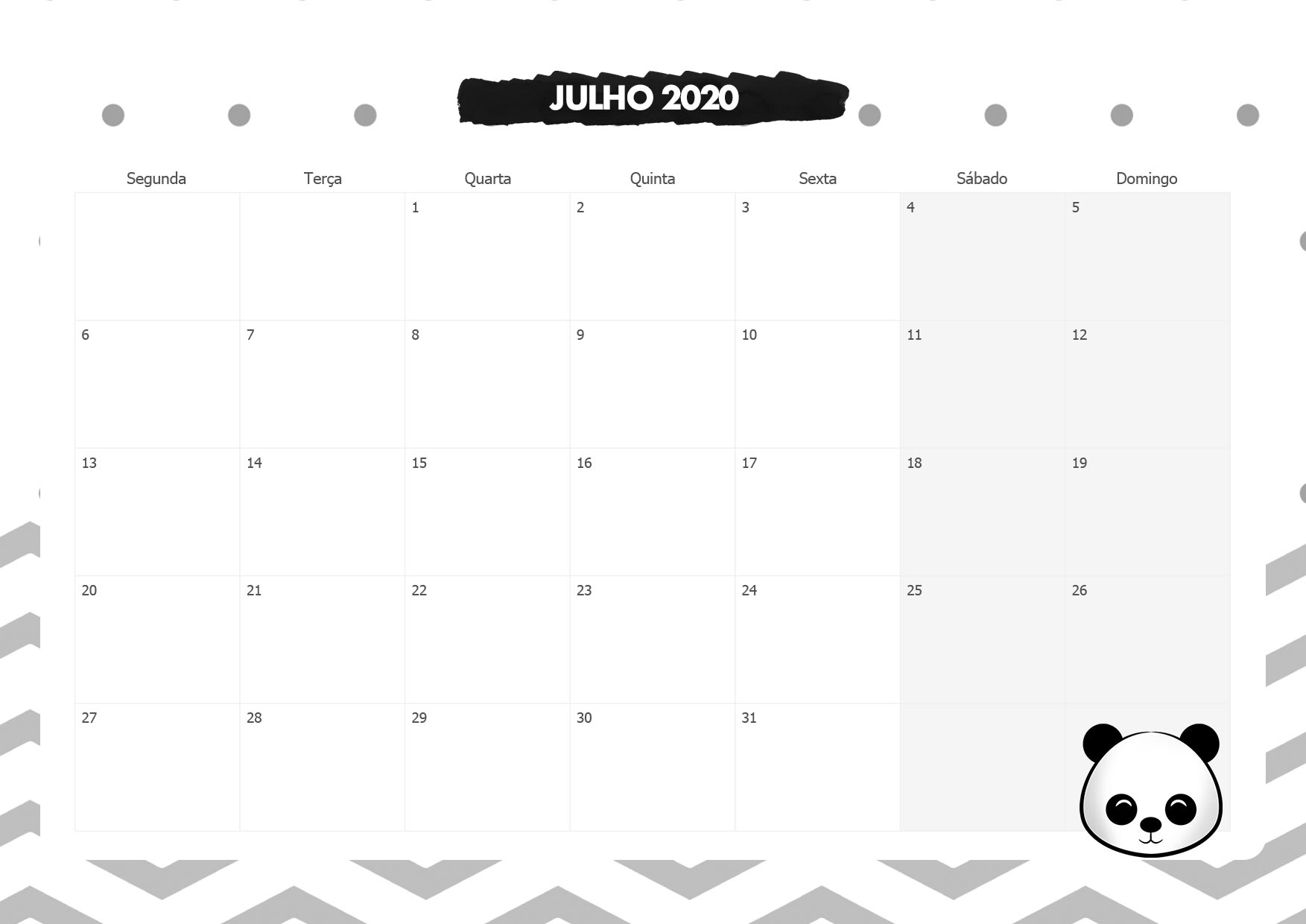 Calendario Mensal Panda Julho 2020