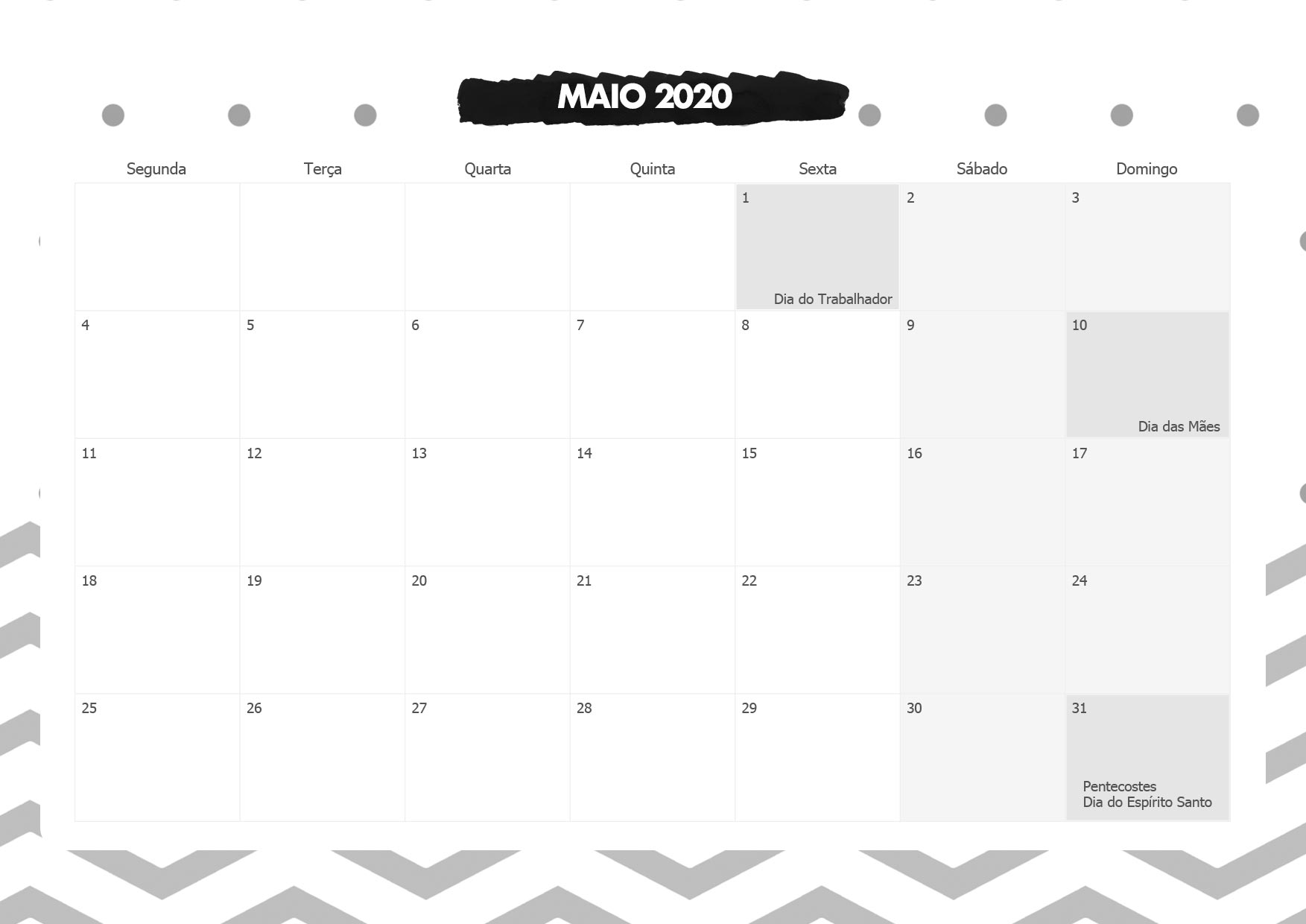 Calendario Mensal Panda Maio 2020