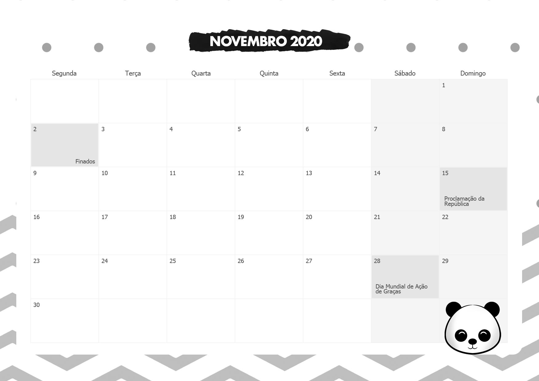 Calendario Mensal Panda Novembro 2020