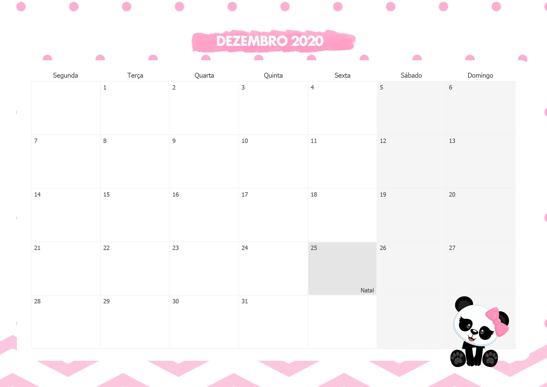 Calendario Mensal Panda Rosa Dezembro 2020
