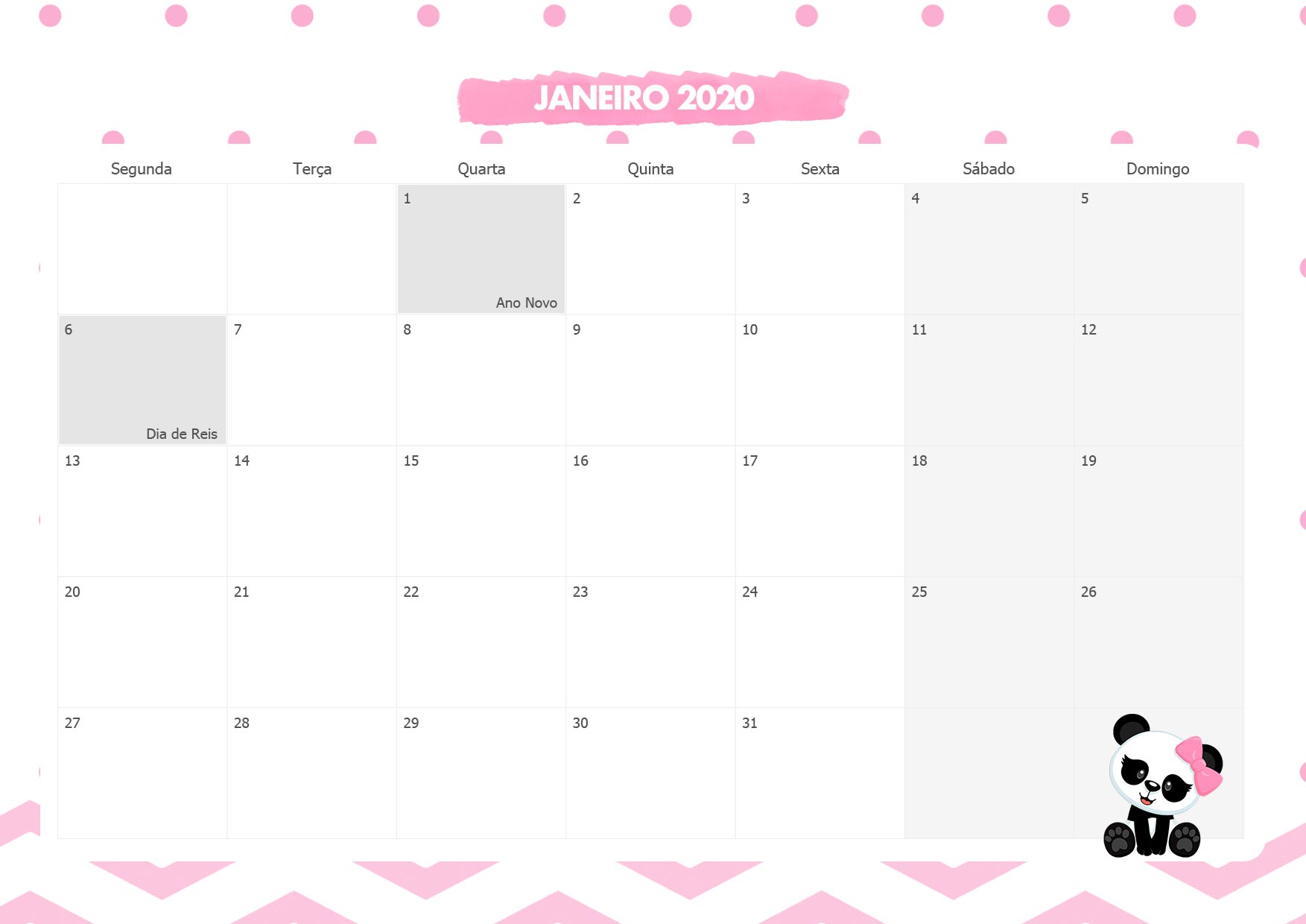 Calendario Mensal Panda Rosa Janeiro 2020