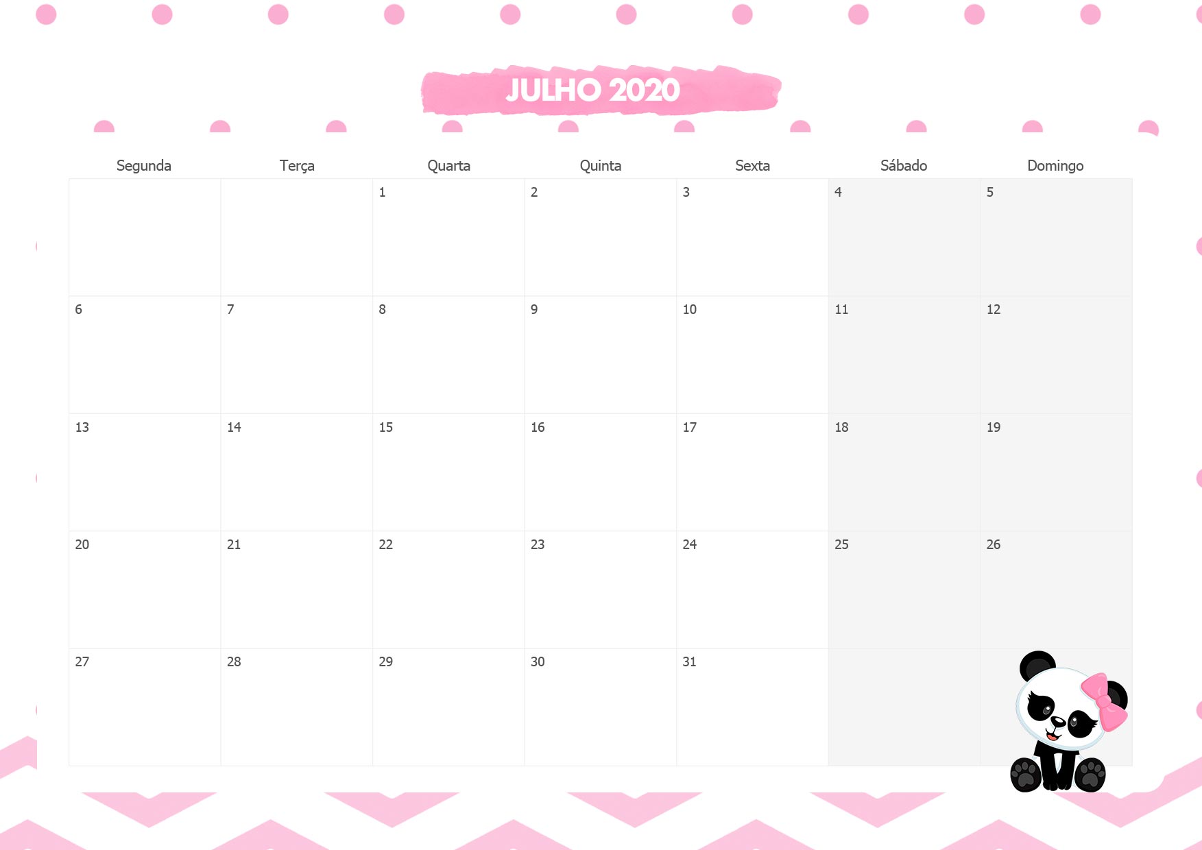 Calendario Mensal Panda Rosa Julho 2020