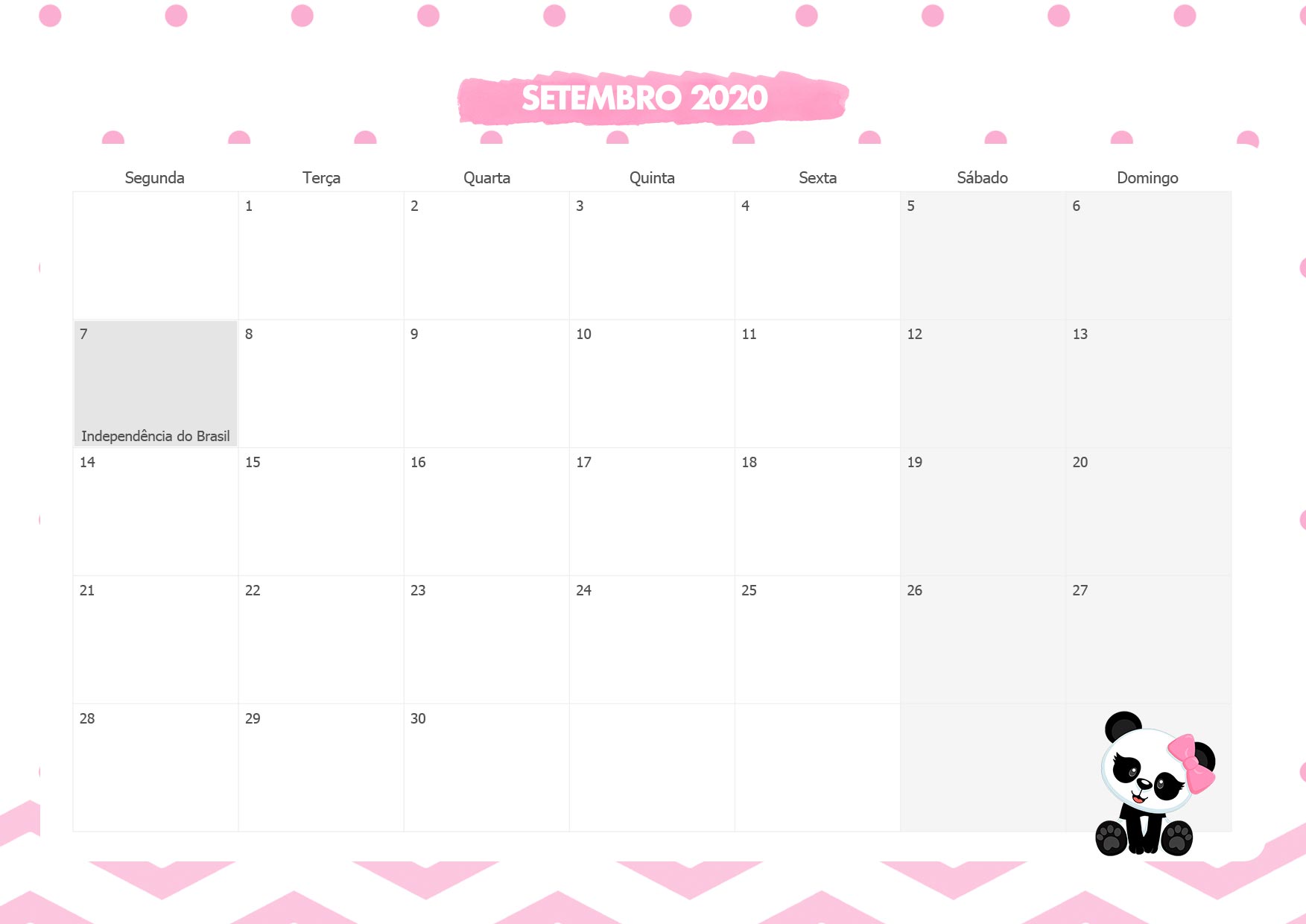Calendario Mensal Panda Rosa Setembro 2020