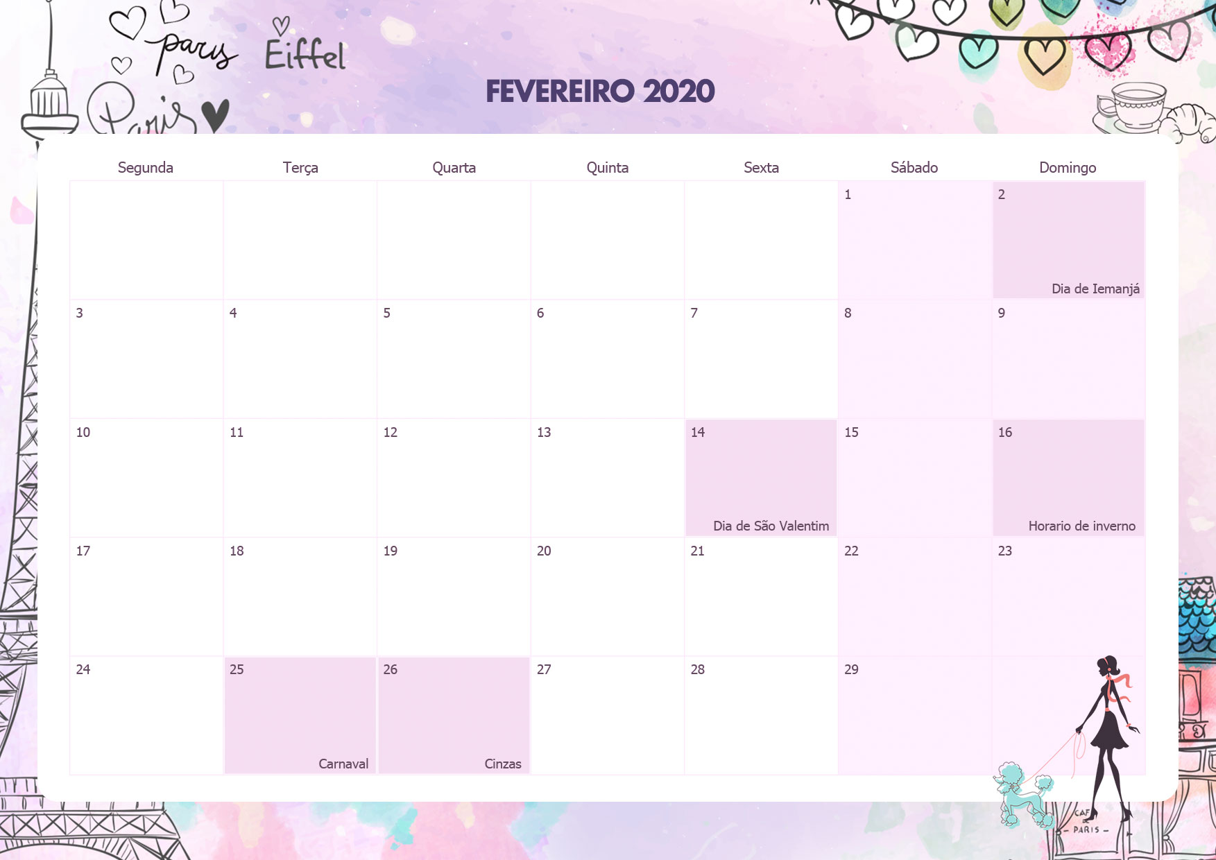 Calendario Mensal Paris Fevereiro 2020