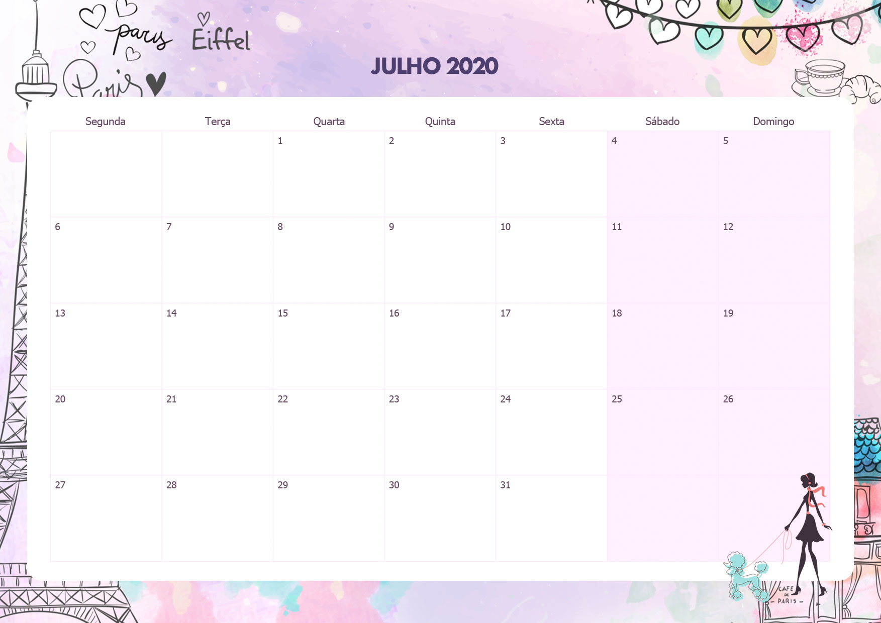 Calendario Mensal Paris Julho 2020