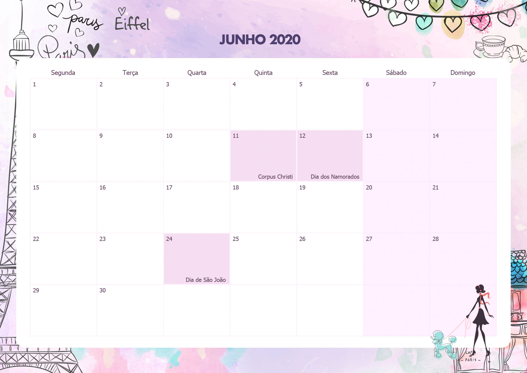 Calendario Mensal Paris Junho 2020