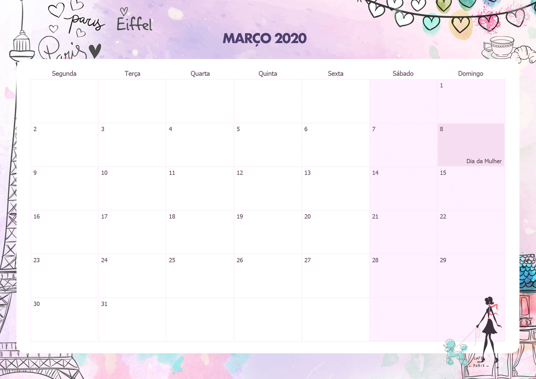 Calendario Mensal Paris Marco 2020