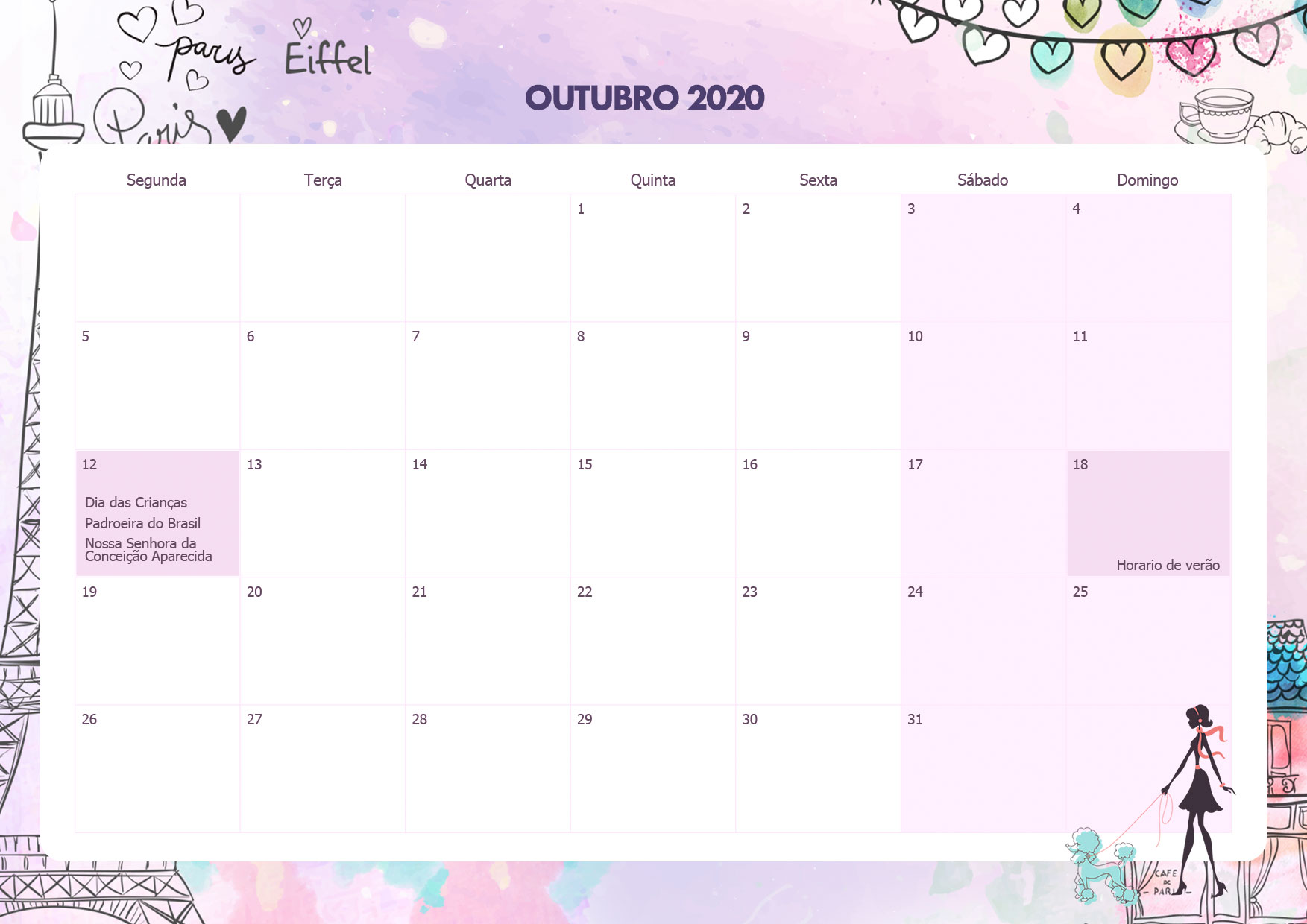 Calendario Mensal Paris Outubro 2020