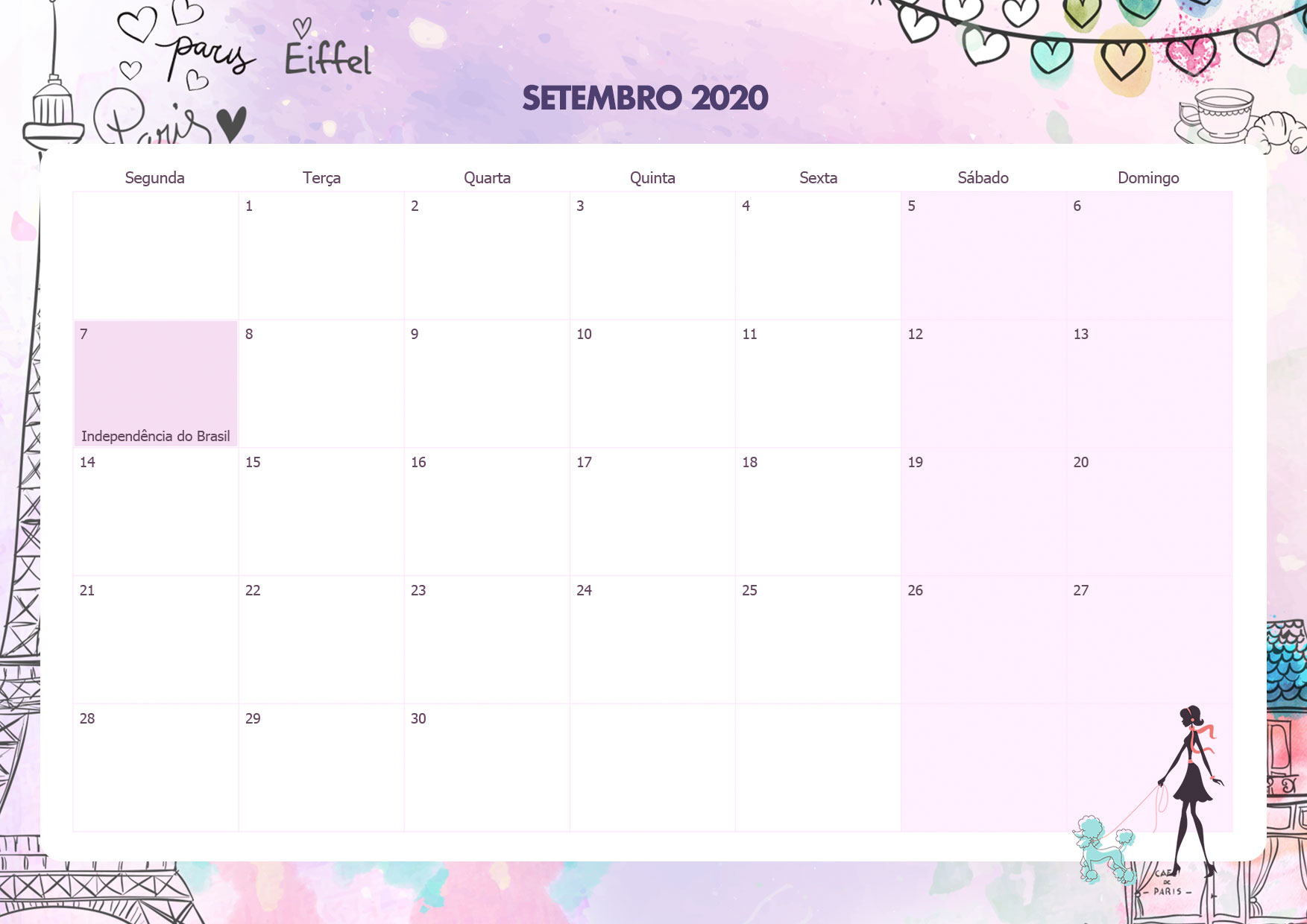 Calendario Mensal Paris Setembro 2020